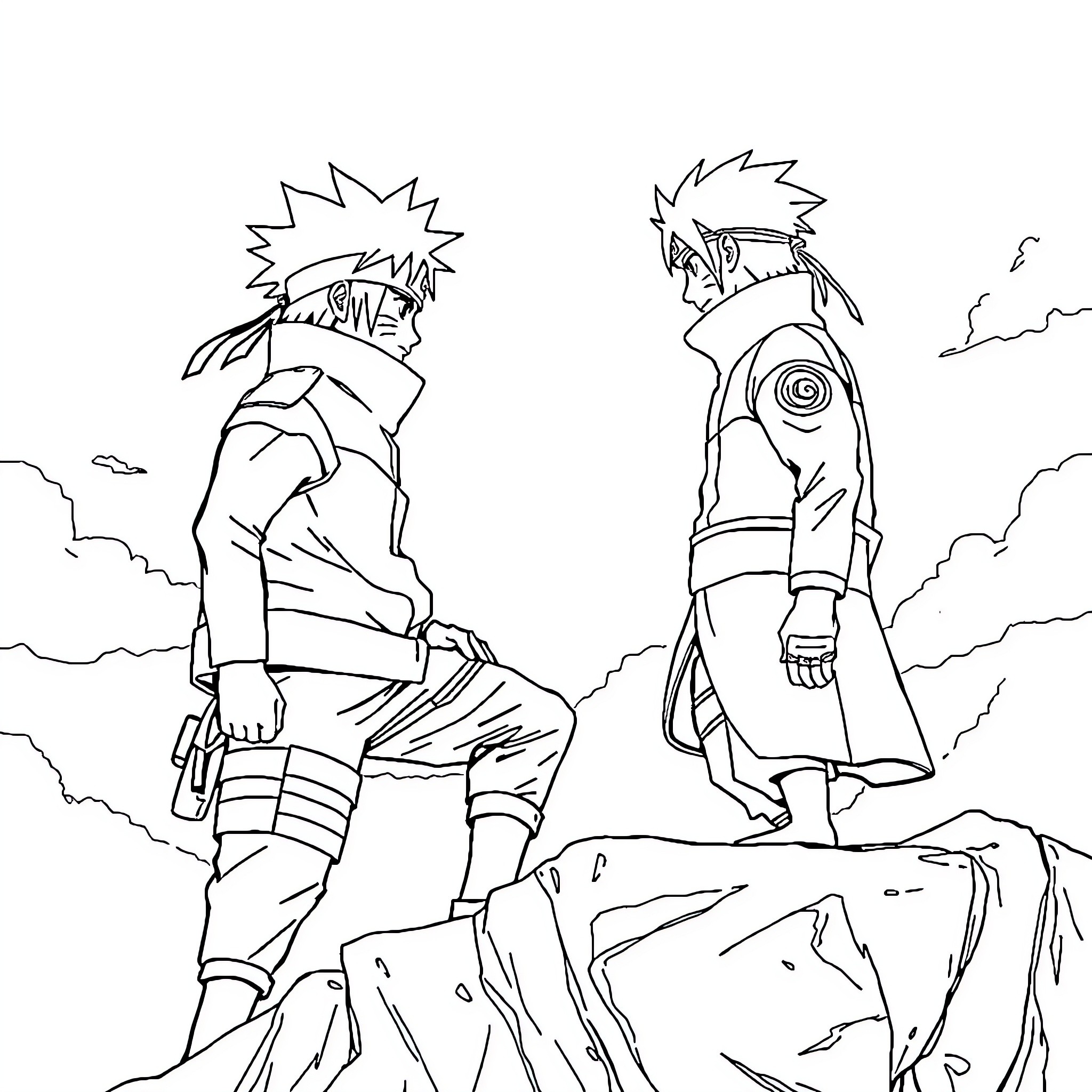 Naruto characters in fierce battle stance Coloring Page (free black-and-white line drawing printable PDF for all, from beginners to advanced learners, including children, teens, adults, and seniors)