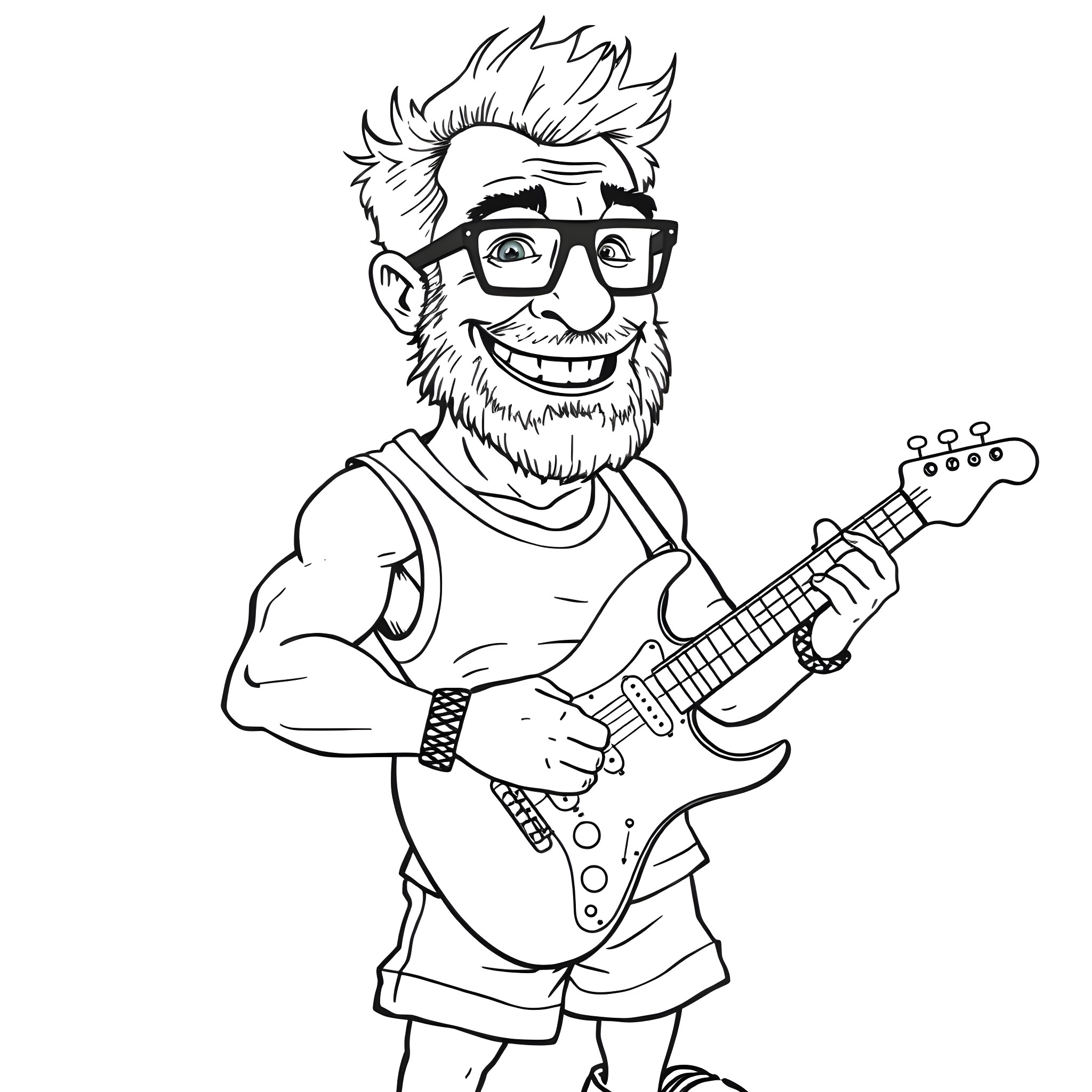 Man with a guitar and a cheerful expression Coloring Page (free black-and-white line drawing printable PDF for all, from beginners to advanced learners, including children, teens, adults, and seniors)