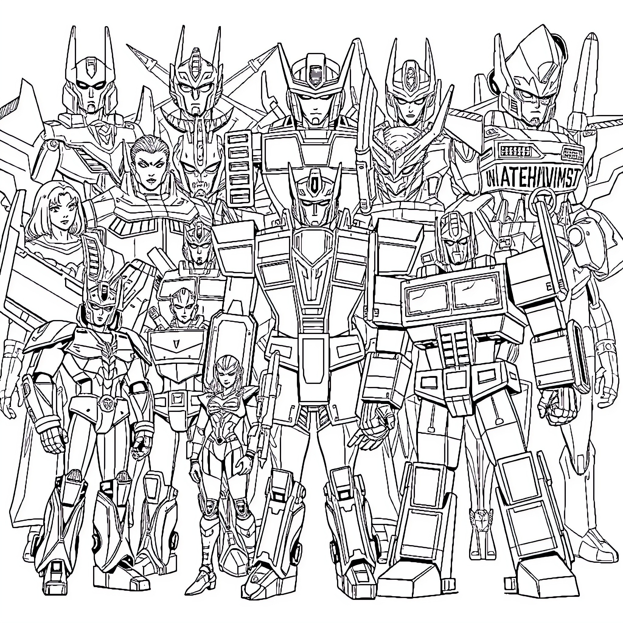 Transformer Robots Assembled in Formation Coloring Page (free black-and-white line drawing printable PDF for all, from beginners to advanced learners, including children, teens, adults, and seniors)