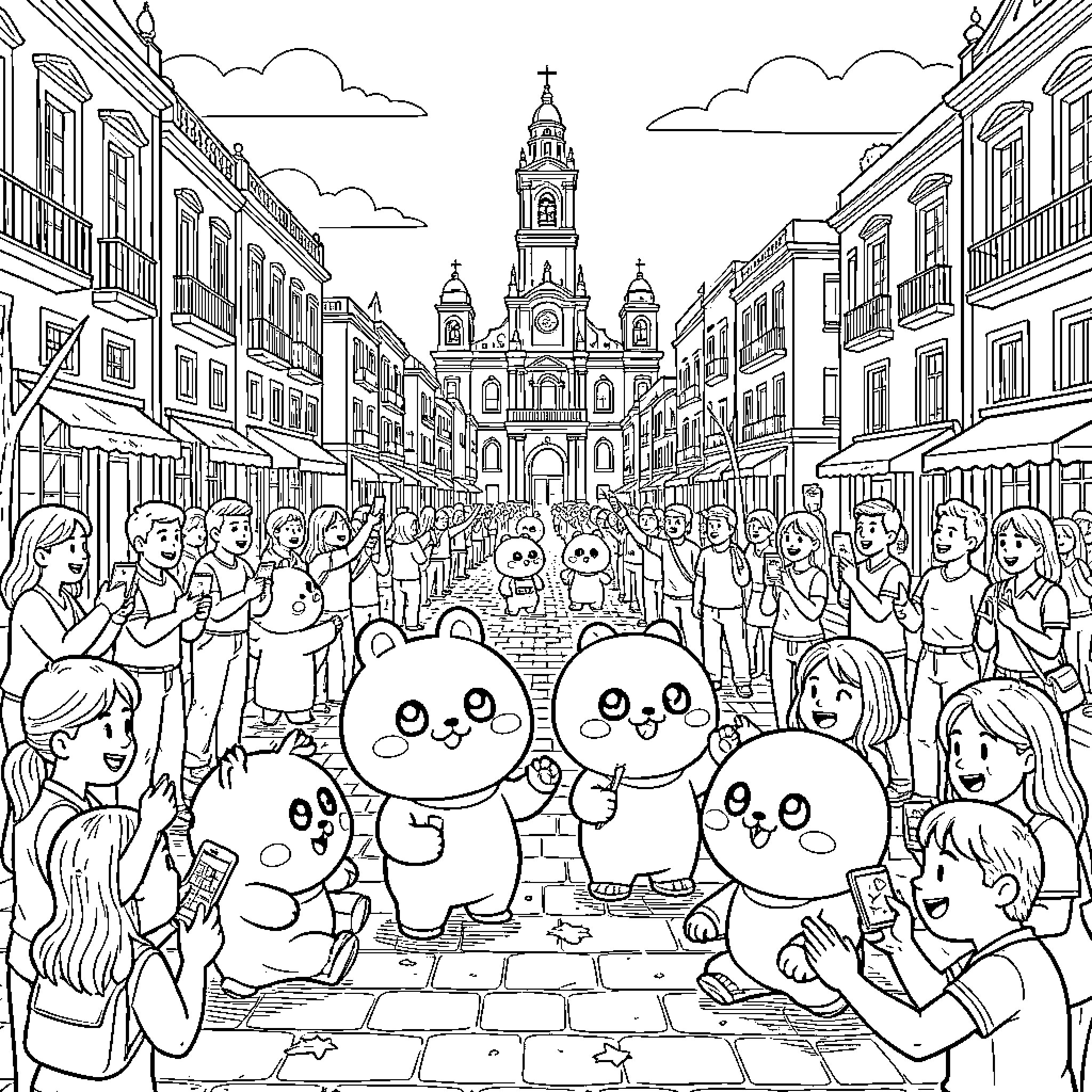 BT21 characters celebrating in a crowded city street Coloring Page (free black-and-white line drawing printable PDF for all, from beginners to advanced learners, including children, teens, adults, and seniors)