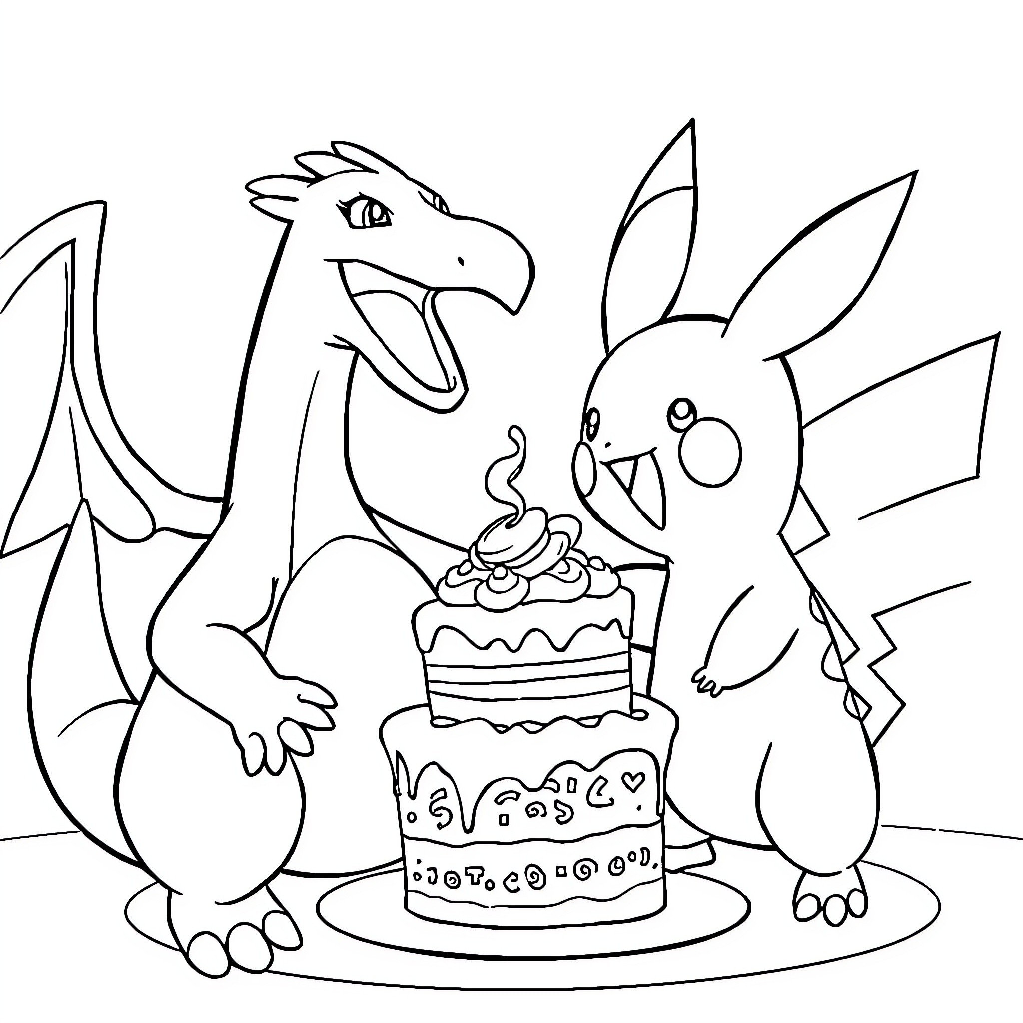 Charizard and Pikachu celebrating with a birthday cake Coloring Page (free black-and-white line drawing printable PDF for all, from beginners to advanced learners, including children, teens, adults, and seniors)
