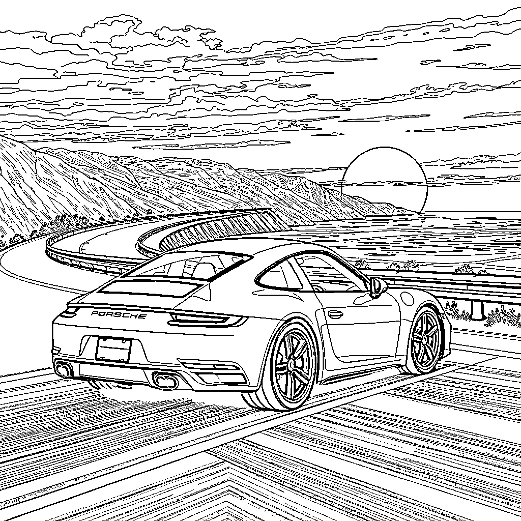 Porsche car racing along scenic highway at sunset Coloring Page (free black-and-white line drawing printable PDF for all, from beginners to advanced learners, including children, teens, adults, and seniors)