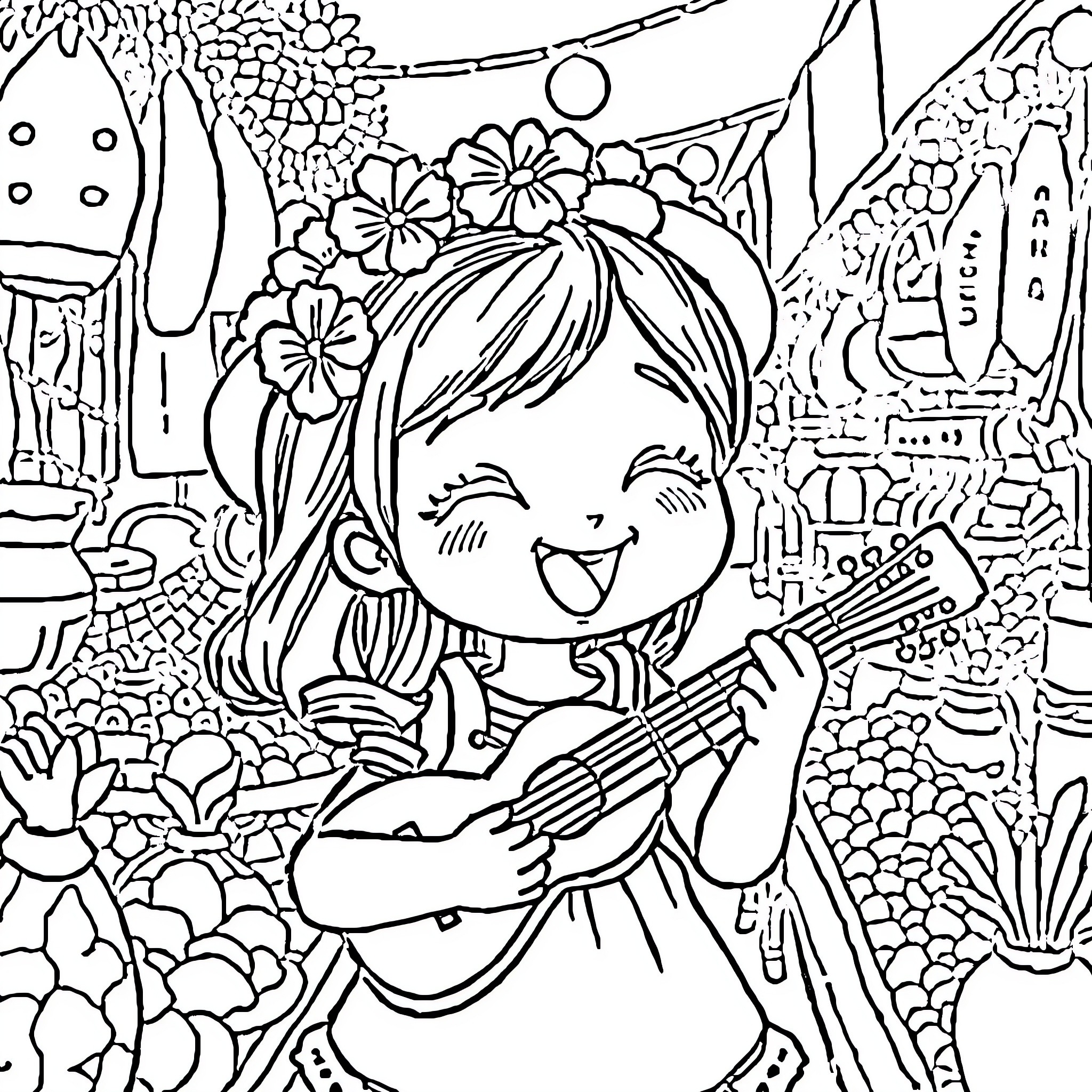 Kawaii Girl Joyfully Playing Guitar in Whimsical Floral Scene Coloring Page (free black-and-white line drawing printable PDF for all, from beginners to advanced learners, including children, teens, adults, and seniors)