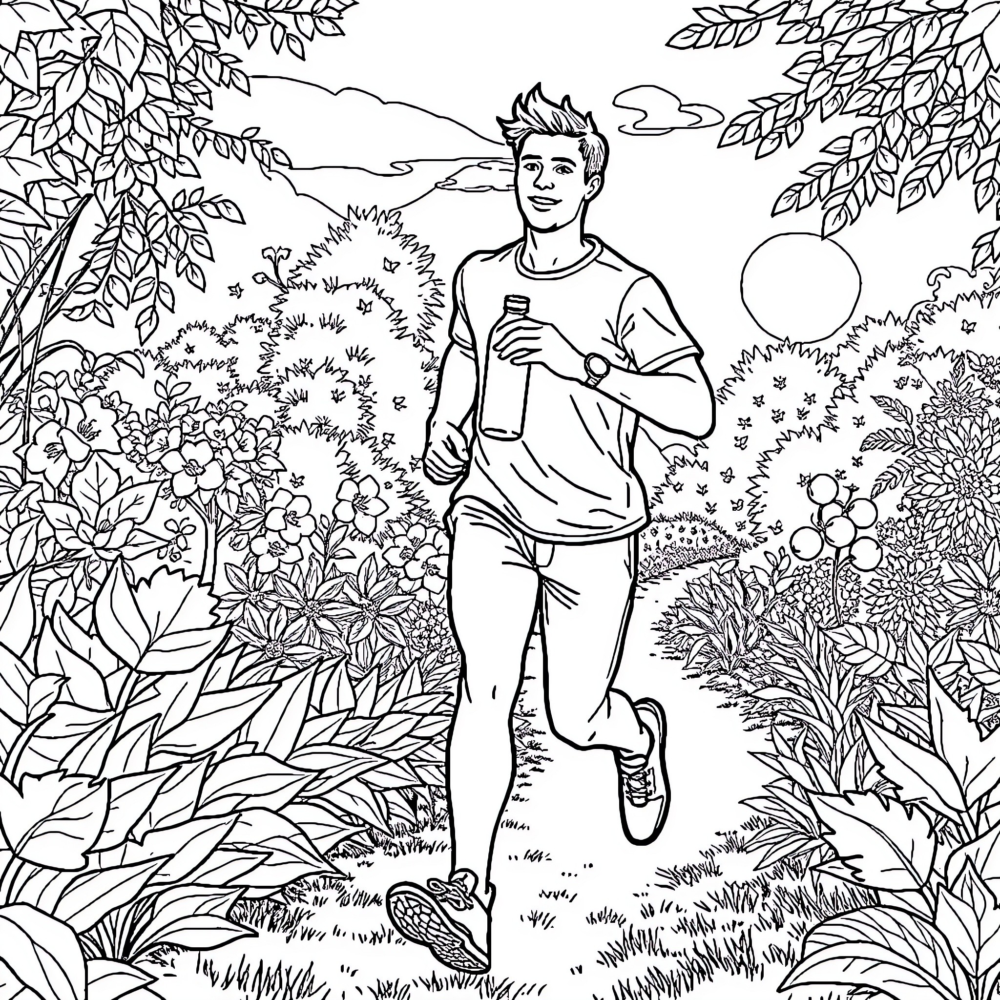 Man Jogging in Lush Forest Landscape Coloring Page (free black-and-white line drawing printable PDF for all, from beginners to advanced learners, including children, teens, adults, and seniors)