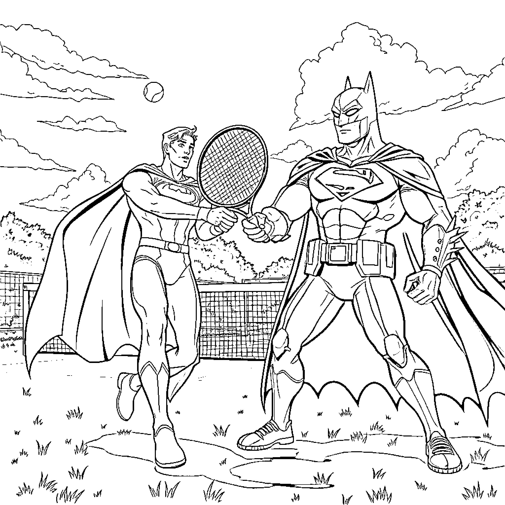 Superman and Batman playing tennis on the court Coloring Page (free black-and-white line drawing printable PDF for all, from beginners to advanced learners, including children, teens, adults, and seniors)