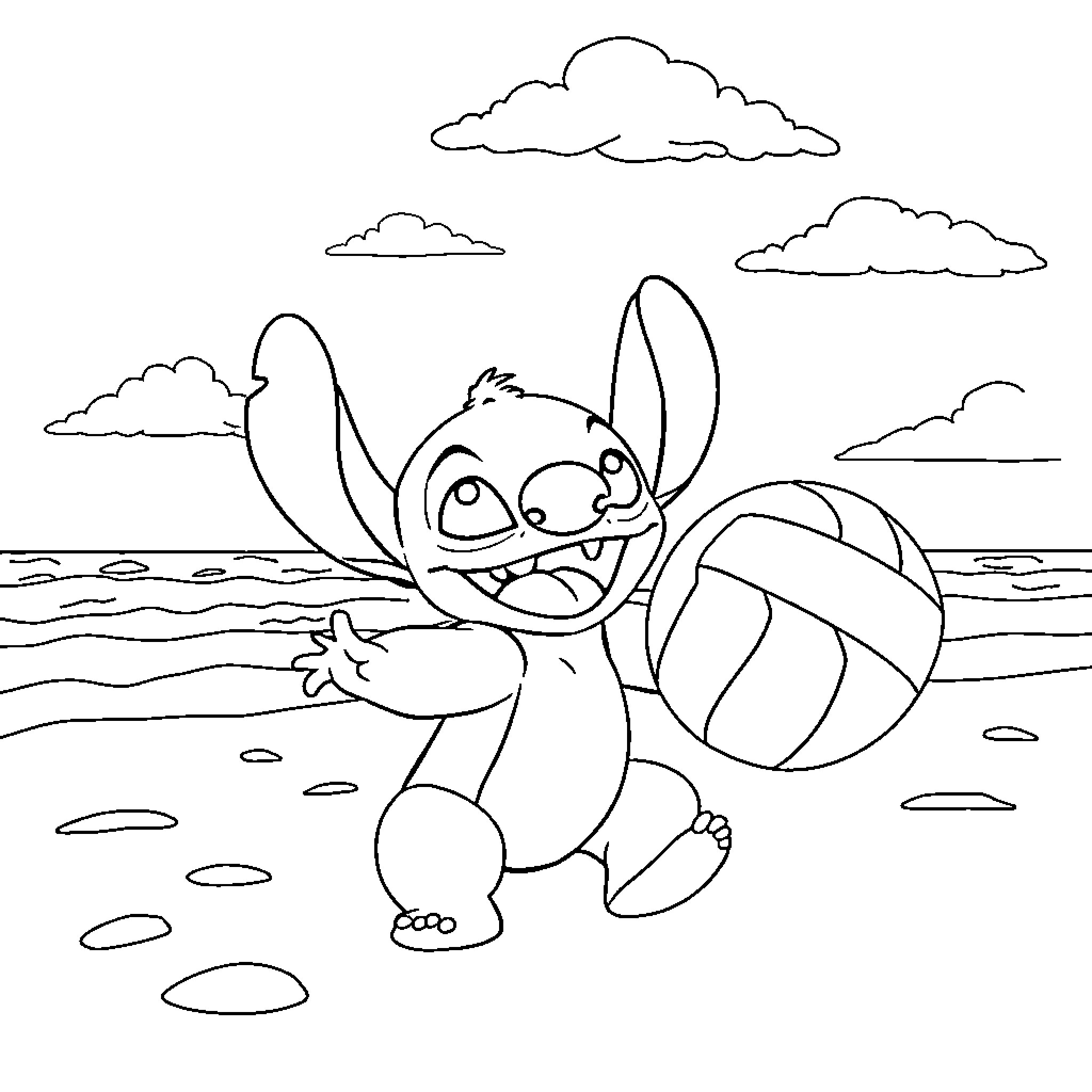 Stitch playing happily with a volleyball on the beach Coloring Page (free black-and-white line drawing printable PDF for all, from beginners to advanced learners, including children, teens, adults, and seniors)