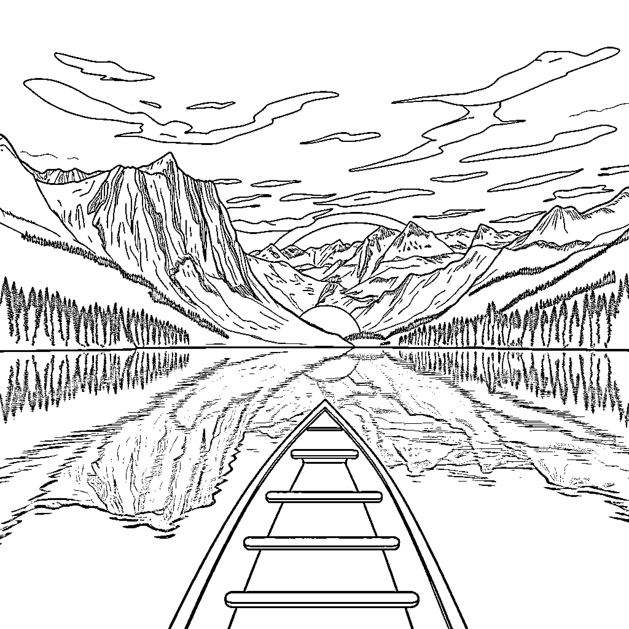 Canoe voyage through majestic mountain landscape Coloring Page (free black-and-white line drawing printable PDF for all, from beginners to advanced learners, including children, teens, adults, and seniors)