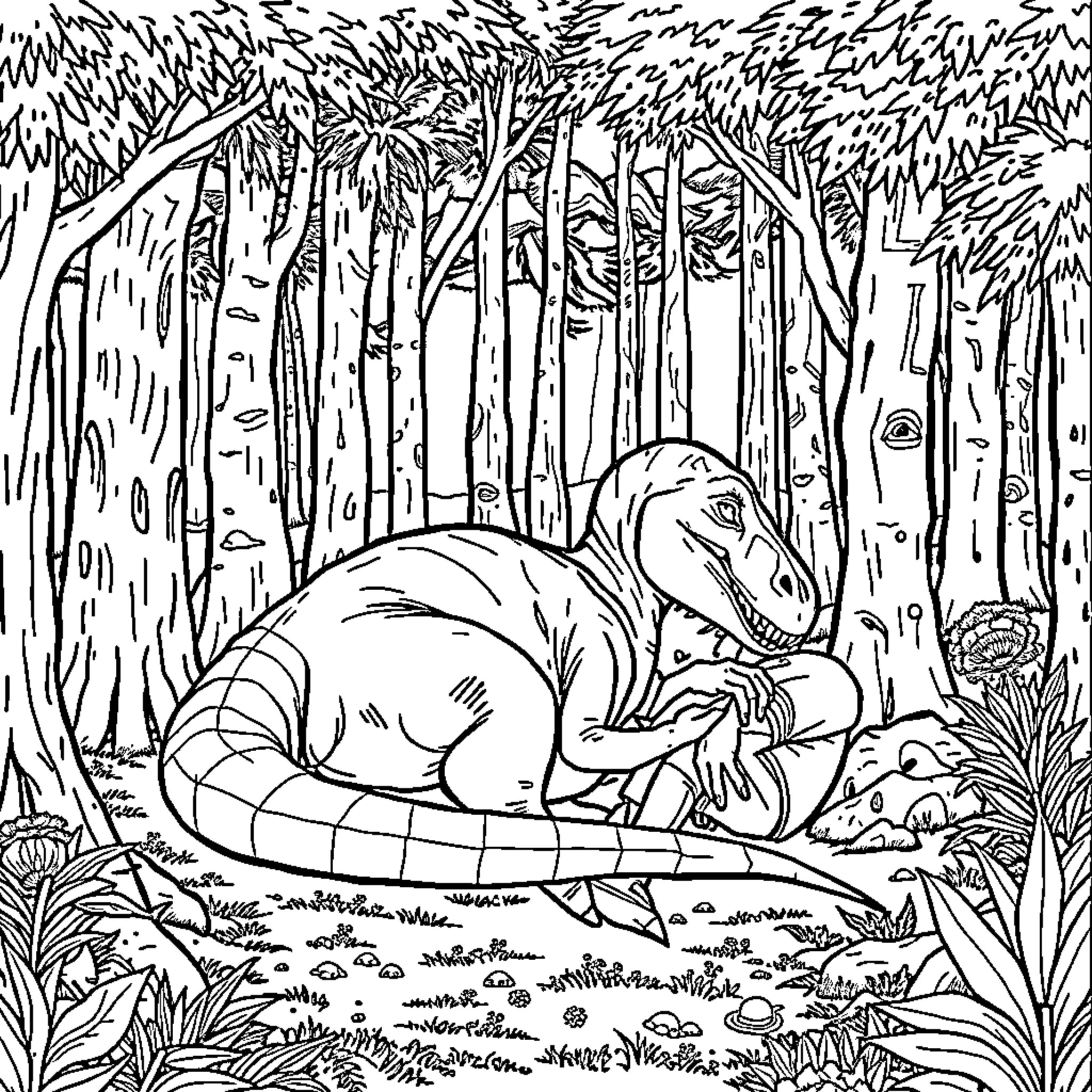 Velociraptor resting in a lush forest Coloring Page (free black-and-white line drawing printable PDF for all, from beginners to advanced learners, including children, teens, adults, and seniors)