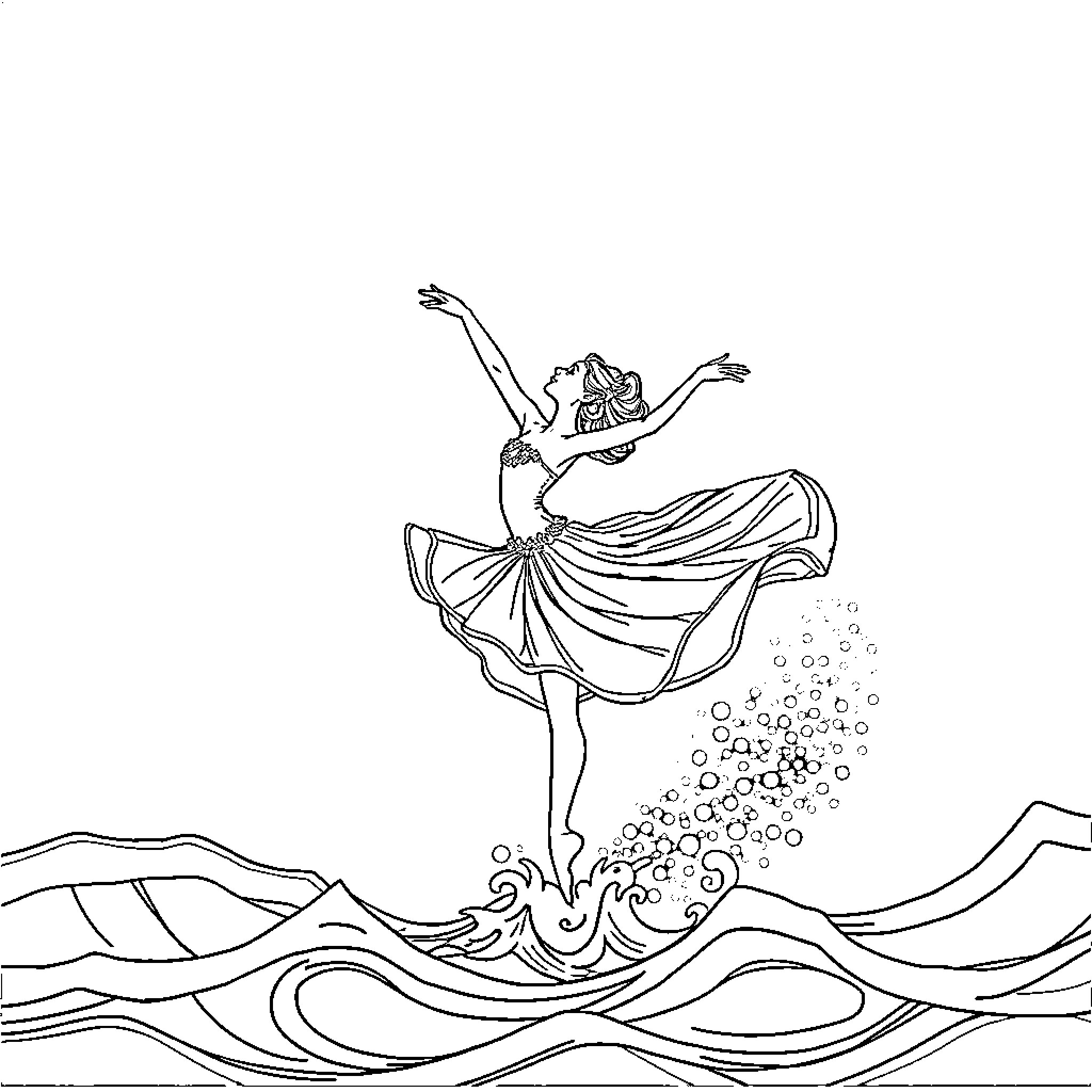 Ballerina dancing gracefully in waves Coloring Page (free black-and-white line drawing printable PDF for all, from beginners to advanced learners, including children, teens, adults, and seniors)