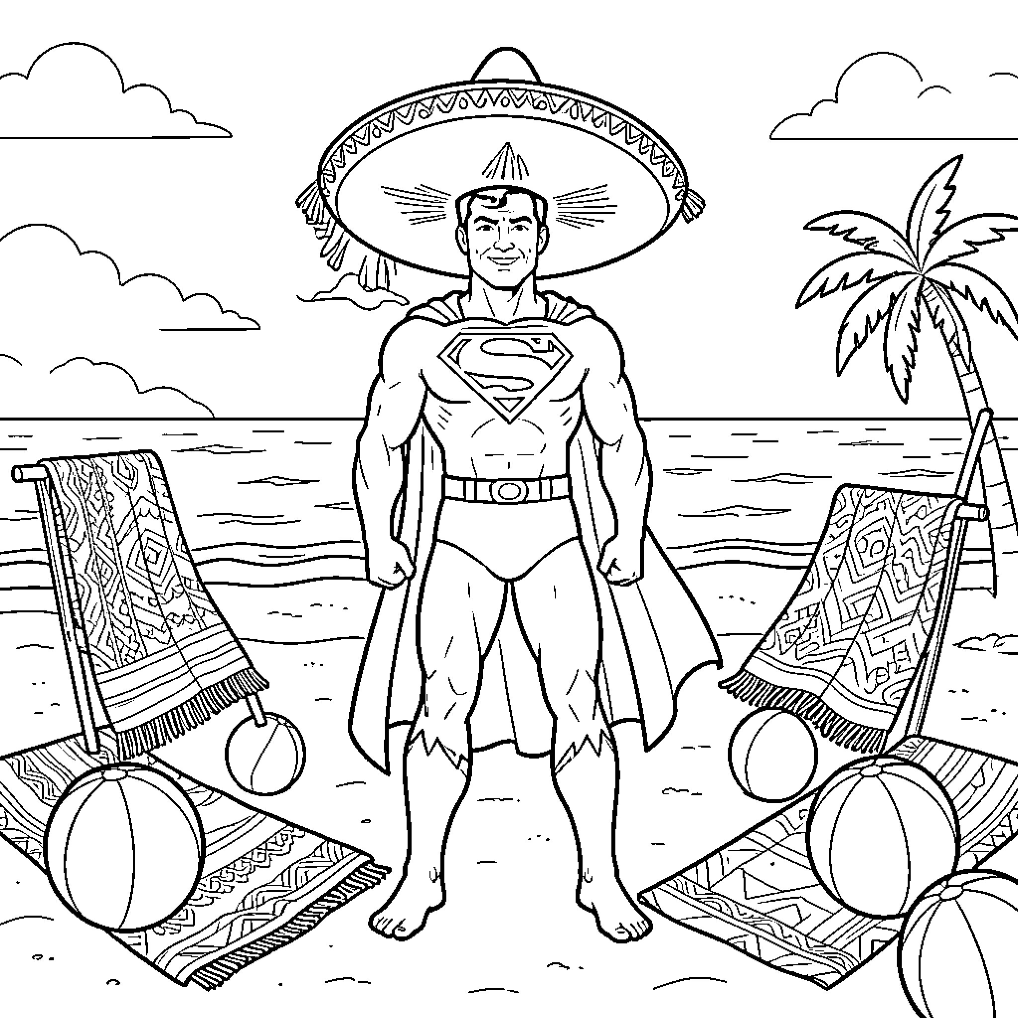 Superman wearing a large sombrero on a tropical beach Coloring Page (free black-and-white line drawing printable PDF for all, from beginners to advanced learners, including children, teens, adults, and seniors)