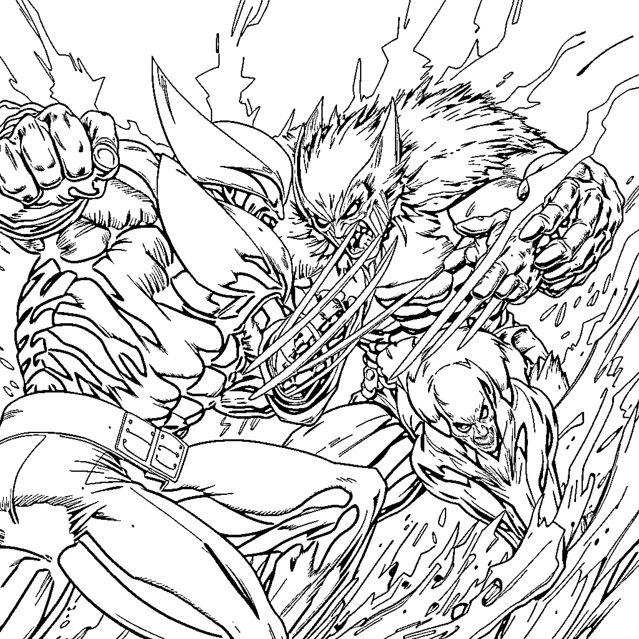 Wolverine battling a ferocious beast in a fierce confrontation Coloring Page (free black-and-white line drawing printable PDF for all, from beginners to advanced learners, including children, teens, adults, and seniors)