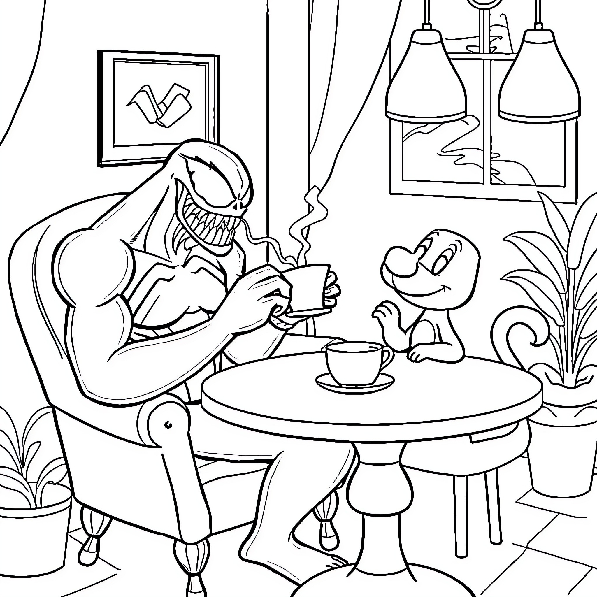Venom Sharing a Drink with a Friendly Creature Coloring Page (free black-and-white line drawing printable PDF for all, from beginners to advanced learners, including children, teens, adults, and seniors)
