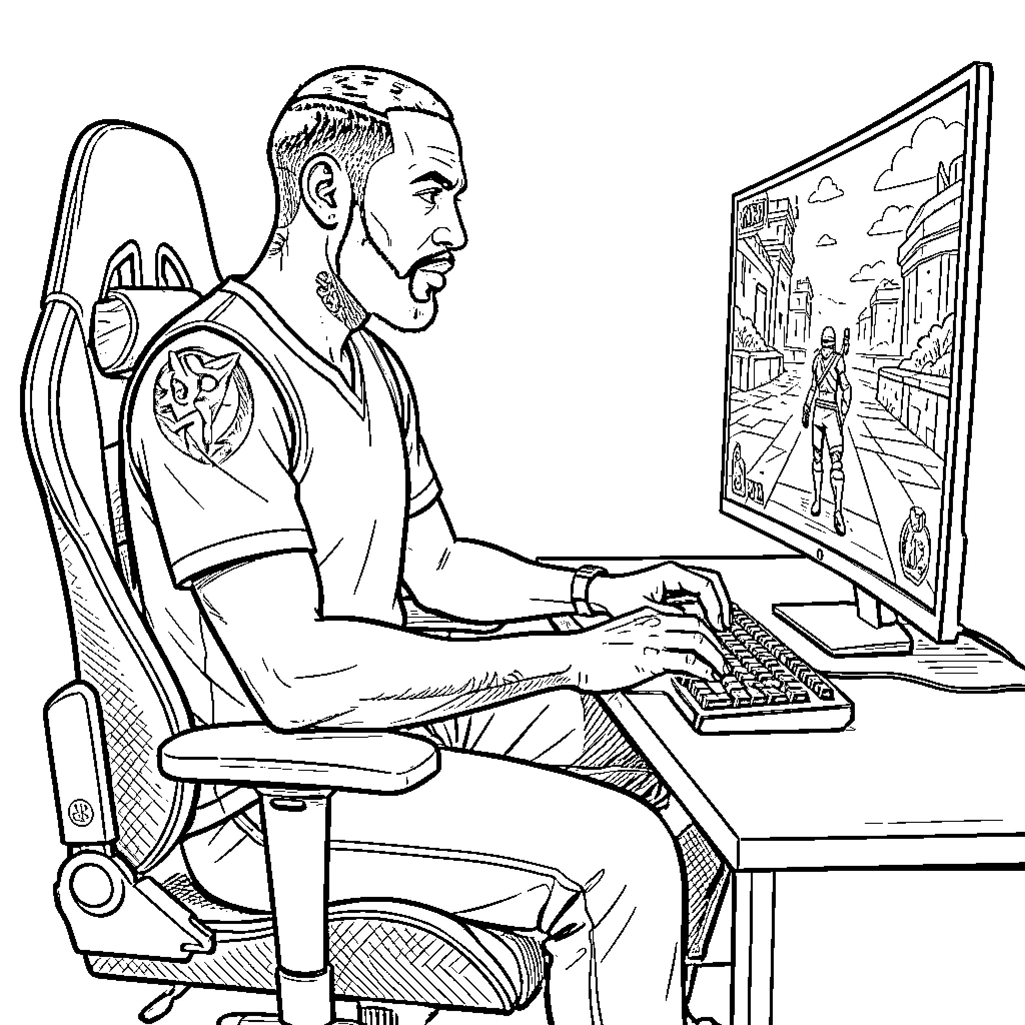 LeBron James playing video games on a computer Coloring Page (free black-and-white line drawing printable PDF for all, from beginners to advanced learners, including children, teens, adults, and seniors)