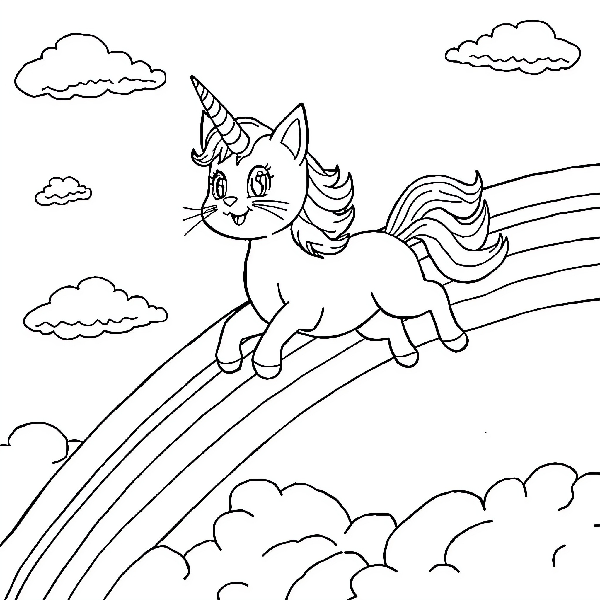 Cat Unicorn playing happily in the sky Coloring Page (free black-and-white line drawing printable PDF for all, from beginners to advanced learners, including children, teens, adults, and seniors)