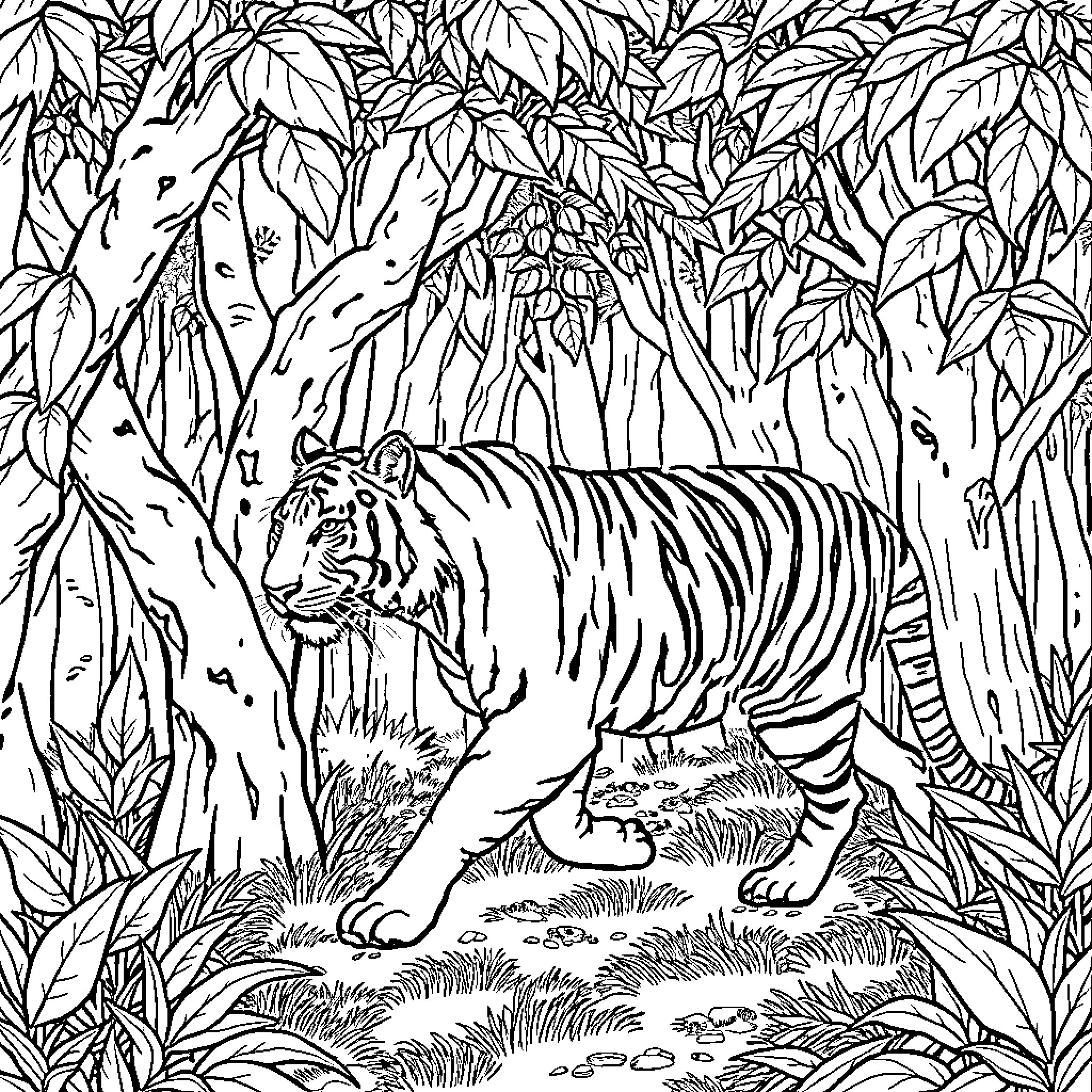 Tiger stalking through the jungle Coloring Page (free black-and-white line drawing printable PDF for all, from beginners to advanced learners, including children, teens, adults, and seniors)