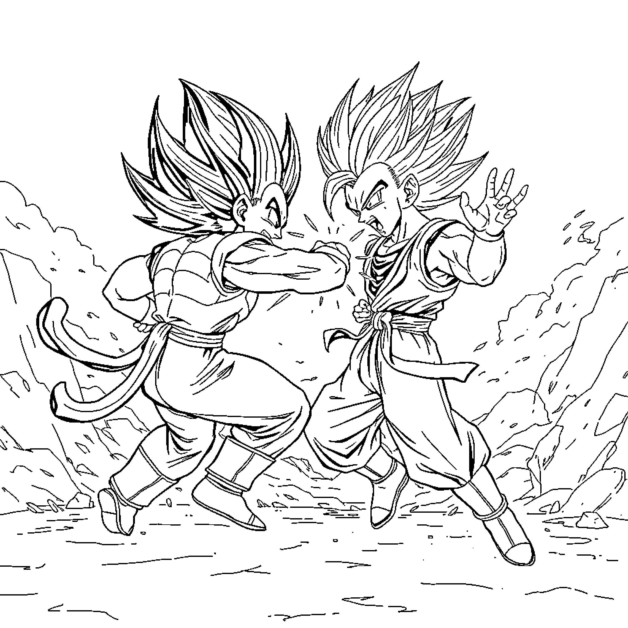 Vegeta engaging in an intense battle Coloring Page (free black-and-white line drawing printable PDF for all, from beginners to advanced learners, including children, teens, adults, and seniors)