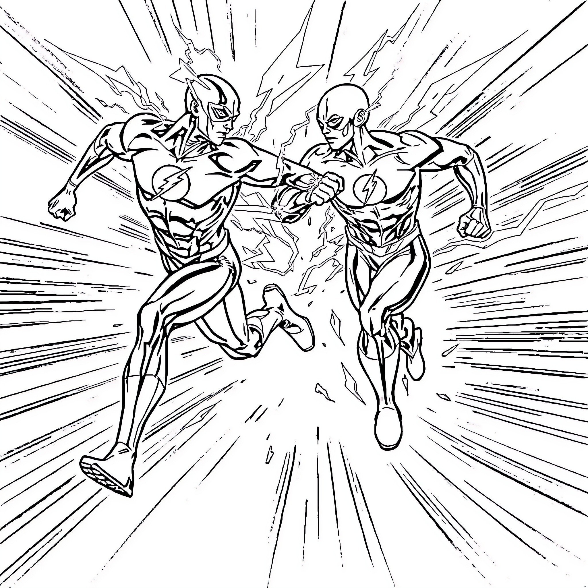 Flash of Heroic Clash in the Shadows Coloring Page (free black-and-white line drawing printable PDF for all, from beginners to advanced learners, including children, teens, adults, and seniors)
