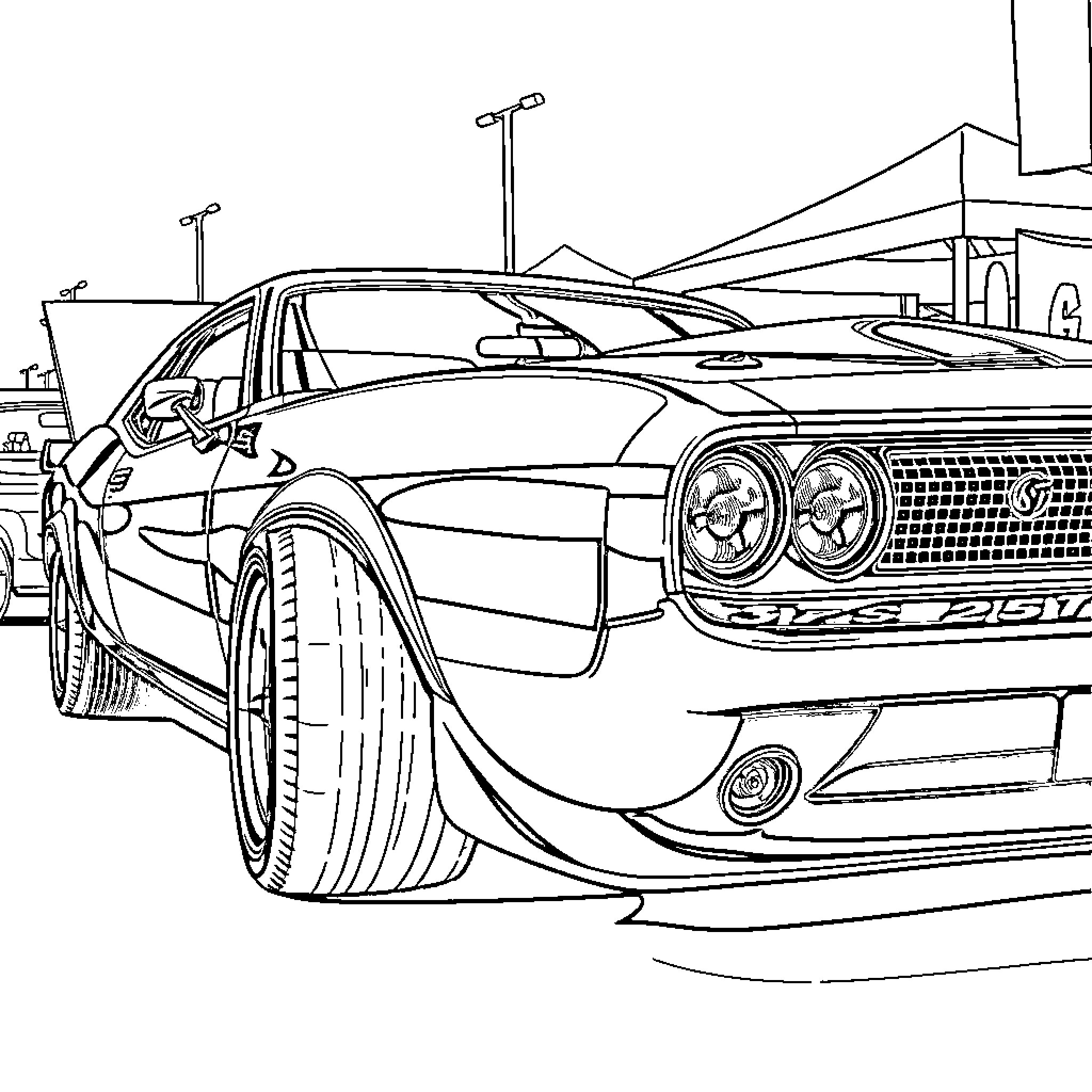 Muscle Car Speeding Down the Street Coloring Page (free black-and-white line drawing printable PDF for all, from beginners to advanced learners, including children, teens, adults, and seniors)