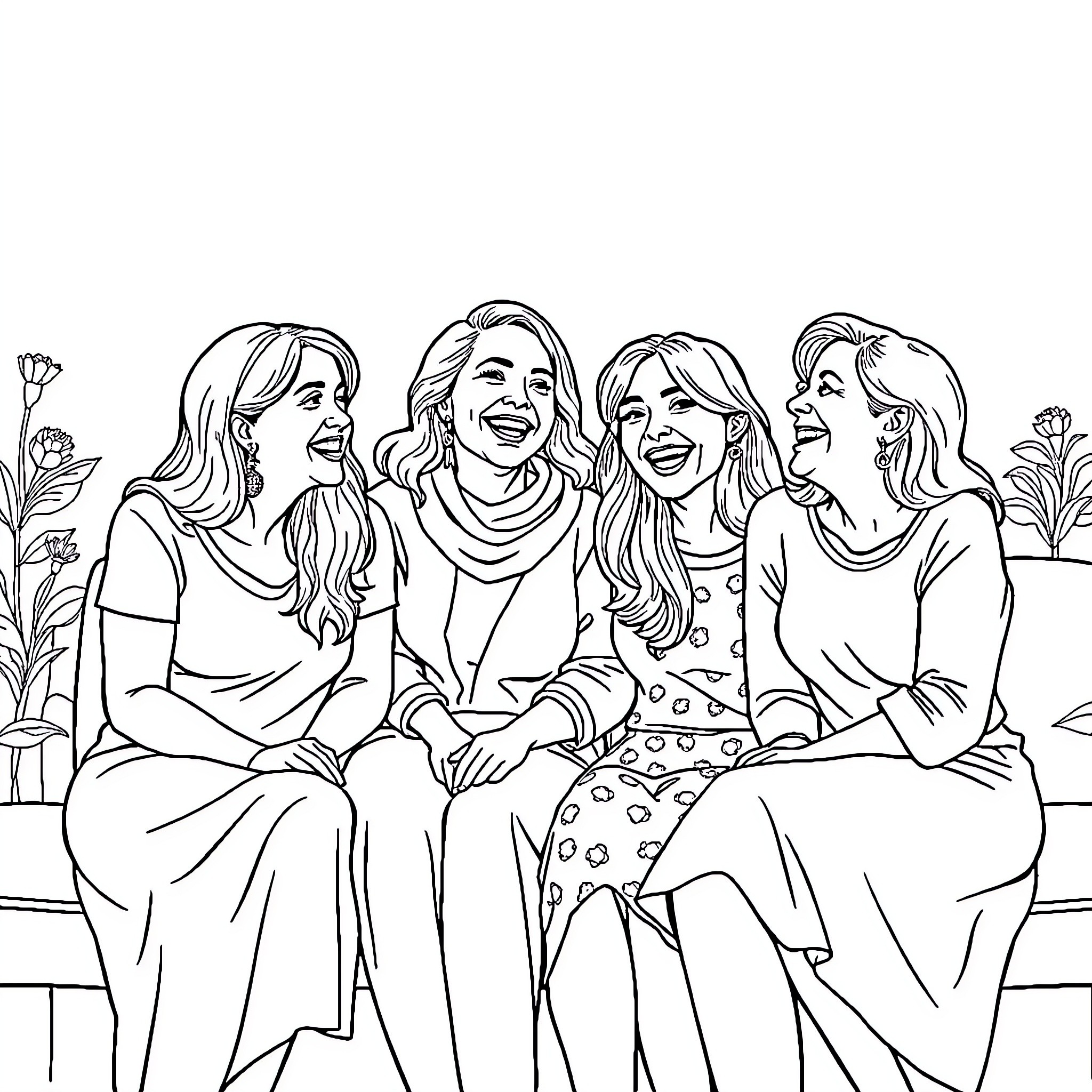 Mom and daughters enjoying a cheerful moment together Coloring Page (free black-and-white line drawing printable PDF for all, from beginners to advanced learners, including children, teens, adults, and seniors)