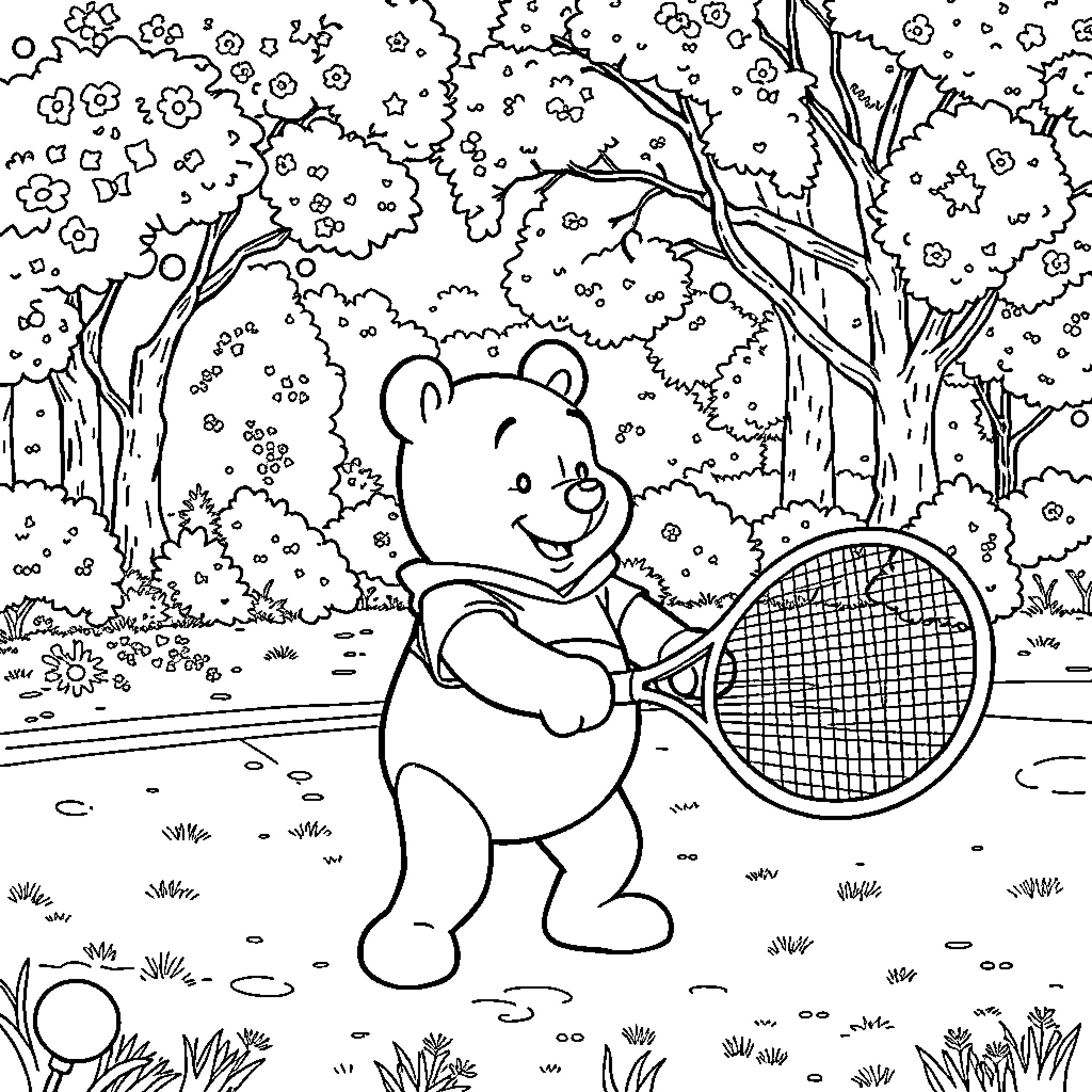 Winnie the Bear Playing Tennis in the Forest Coloring Page (free black-and-white line drawing printable PDF for all, from beginners to advanced learners, including children, teens, adults, and seniors)