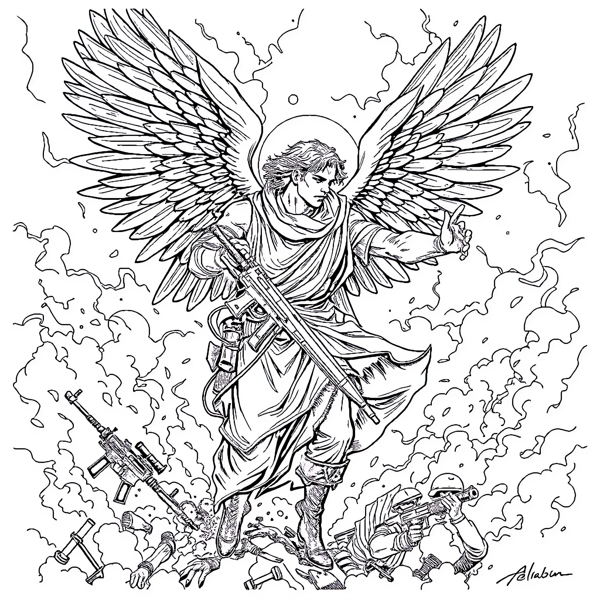 Angel of Vengeance Decimating Enemies Coloring Page (free black-and-white line drawing printable PDF for all, from beginners to advanced learners, including children, teens, adults, and seniors)