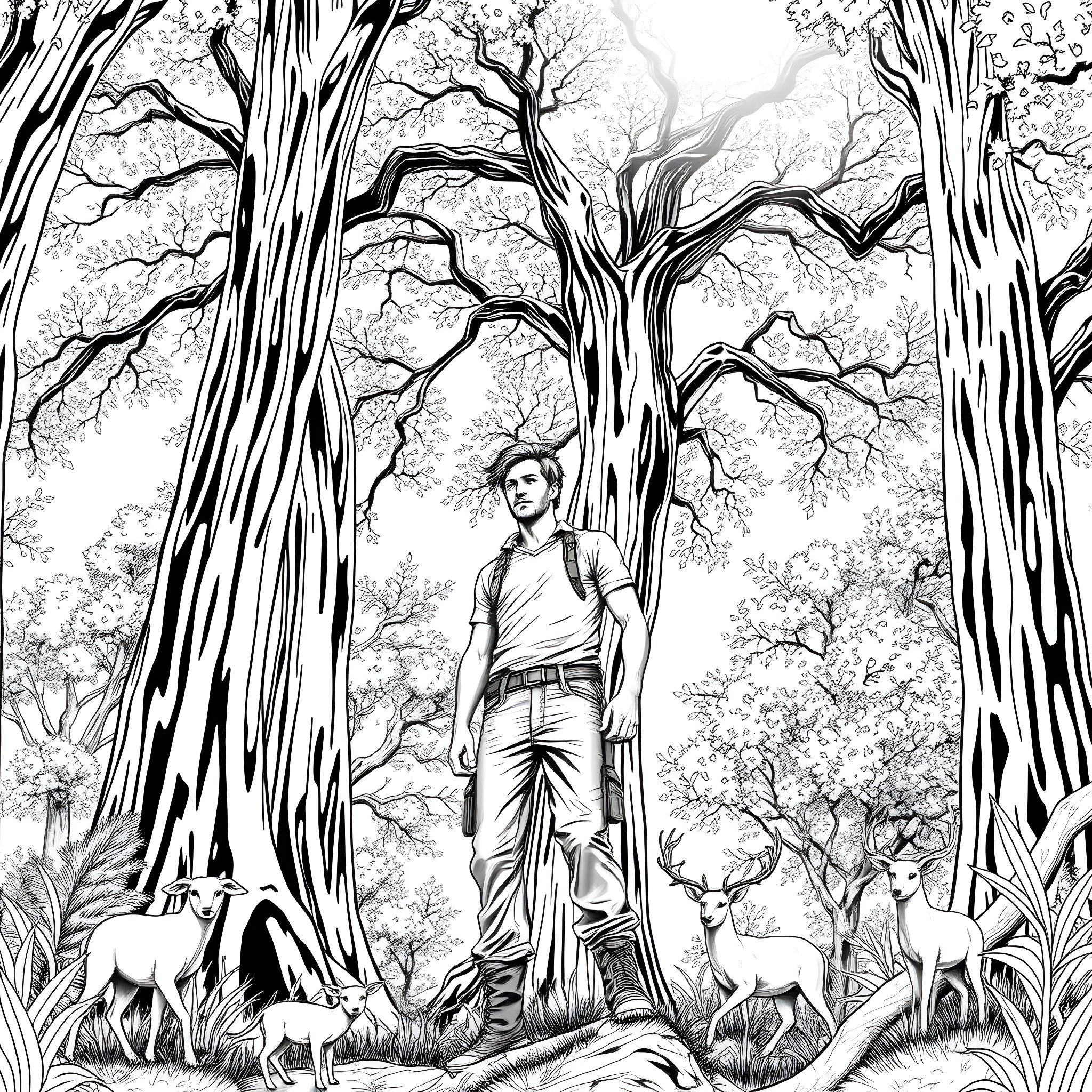 Male exploring the intricate forest landscape Coloring Page (free black-and-white line drawing printable PDF for all, from beginners to advanced learners, including children, teens, adults, and seniors)