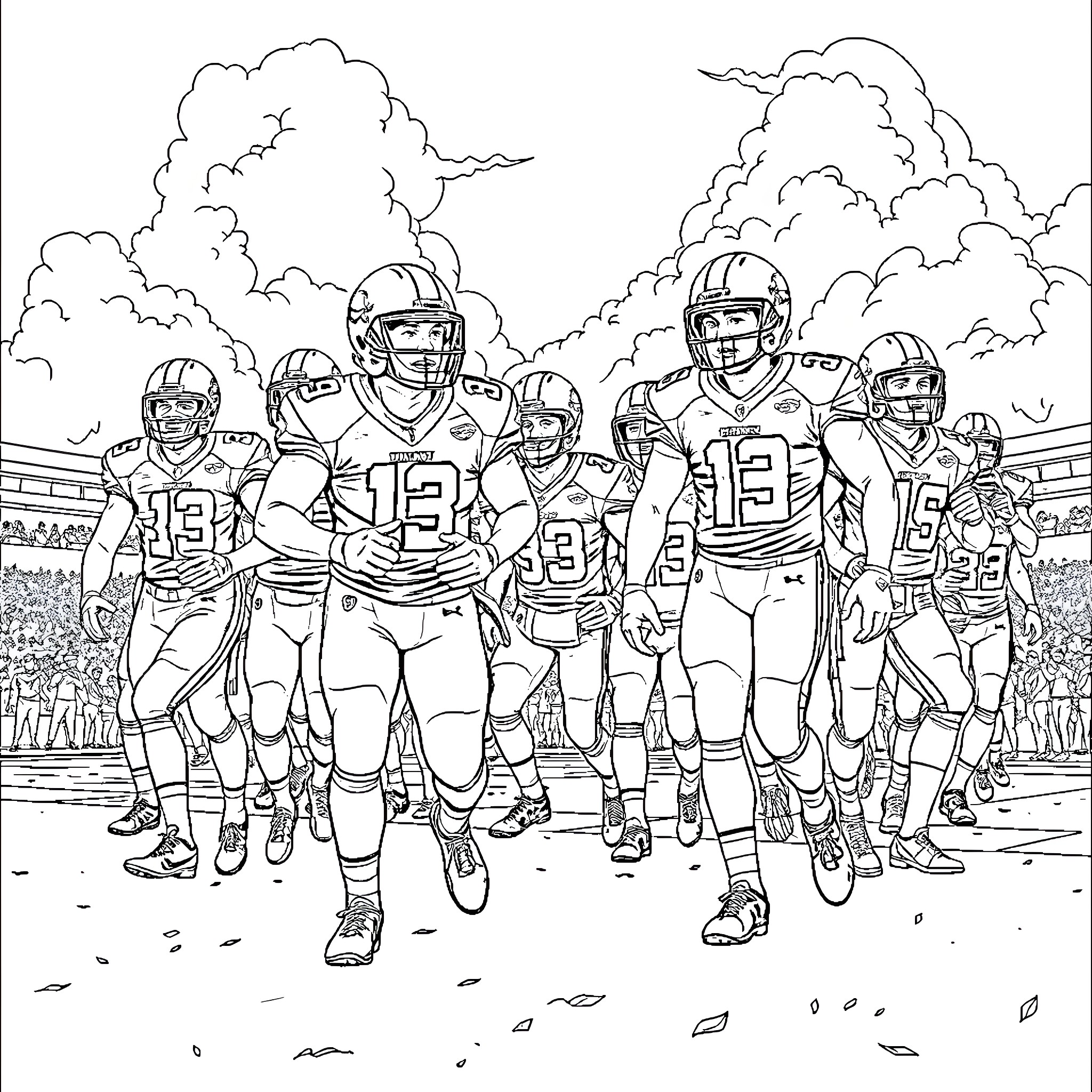 Dolphin Football Players Running Onto The Field Coloring Page (free black-and-white line drawing printable PDF for all, from beginners to advanced learners, including children, teens, adults, and seniors)