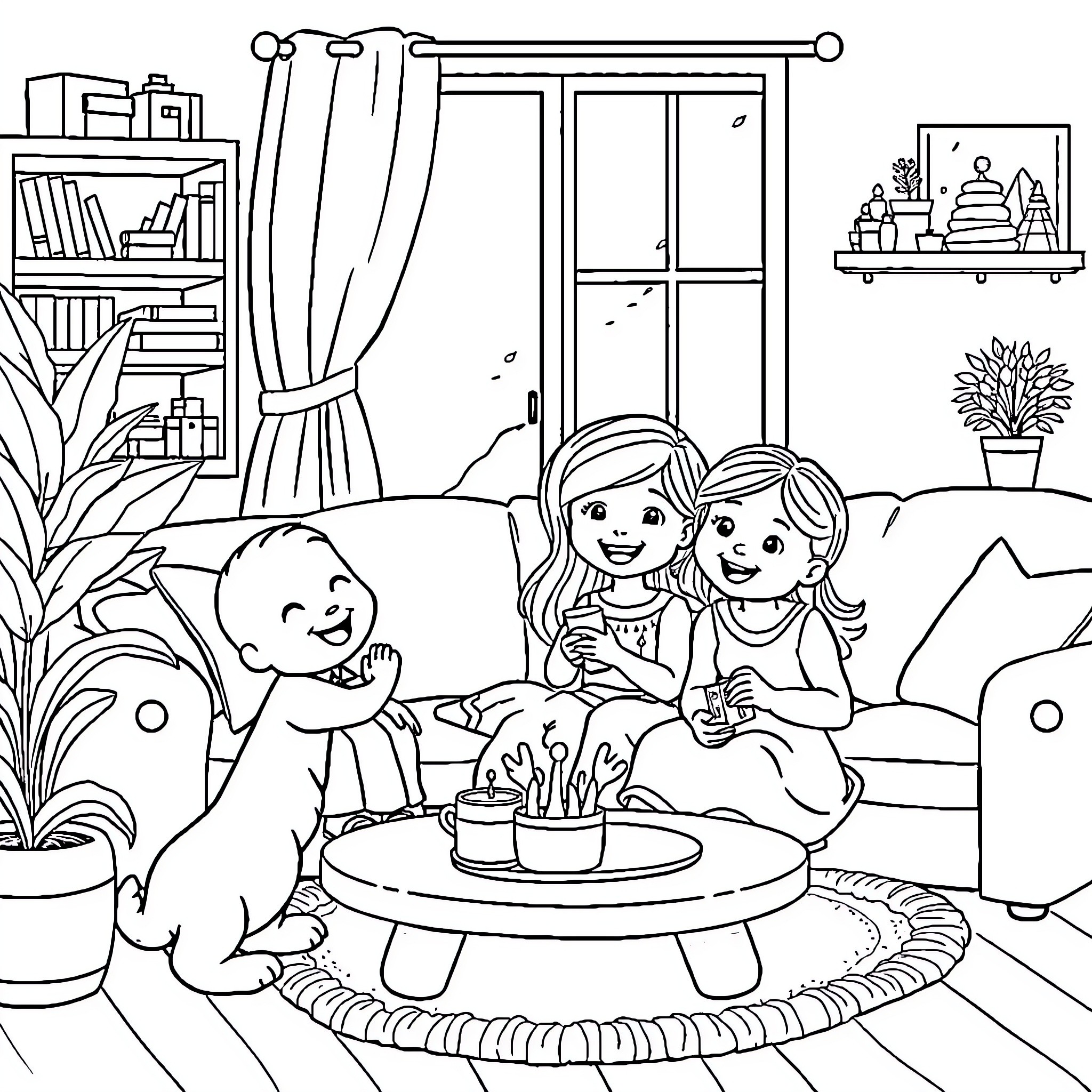 Bluey's family enjoying a cozy indoor afternoon Coloring Page (free black-and-white line drawing printable PDF for all, from beginners to advanced learners, including children, teens, adults, and seniors)