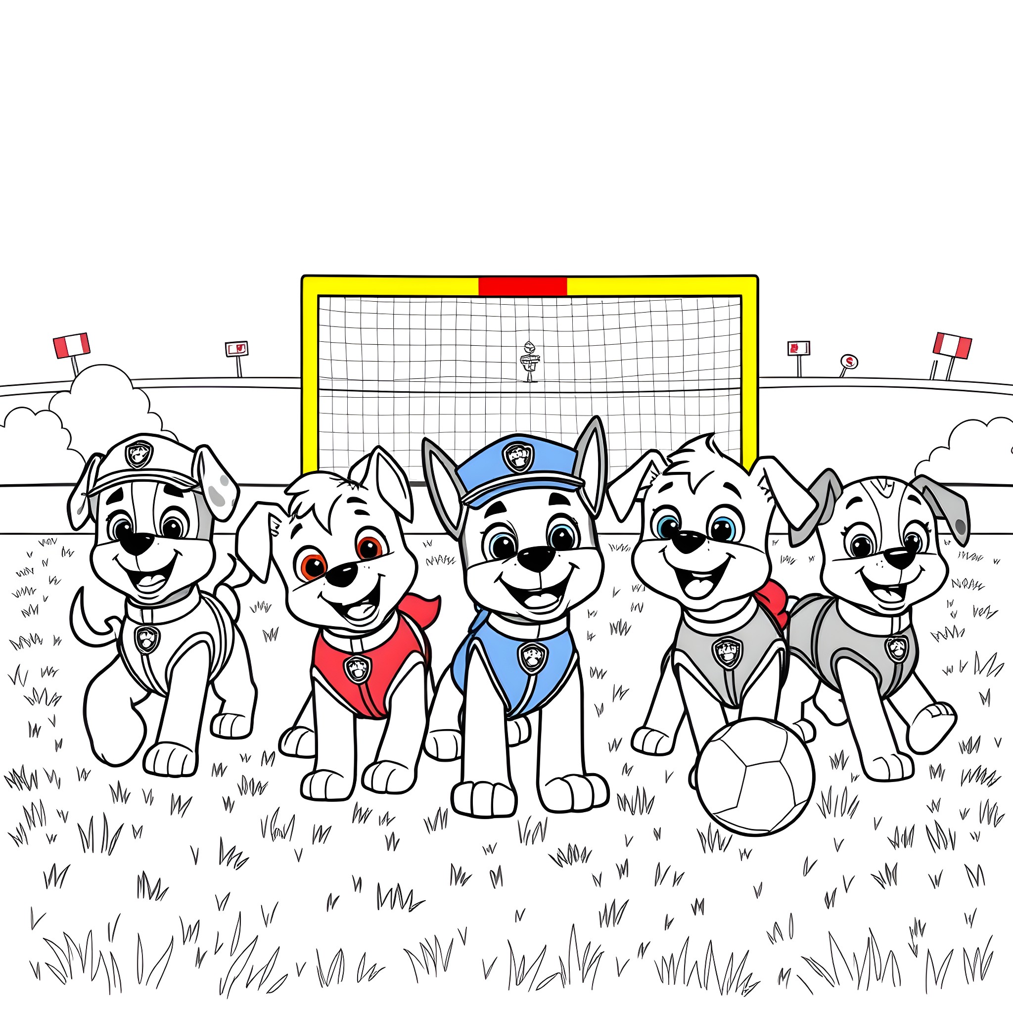 Paw Patrol Puppies Playing Soccer on Field Coloring Page (free black-and-white line drawing printable PDF for all, from beginners to advanced learners, including children, teens, adults, and seniors)