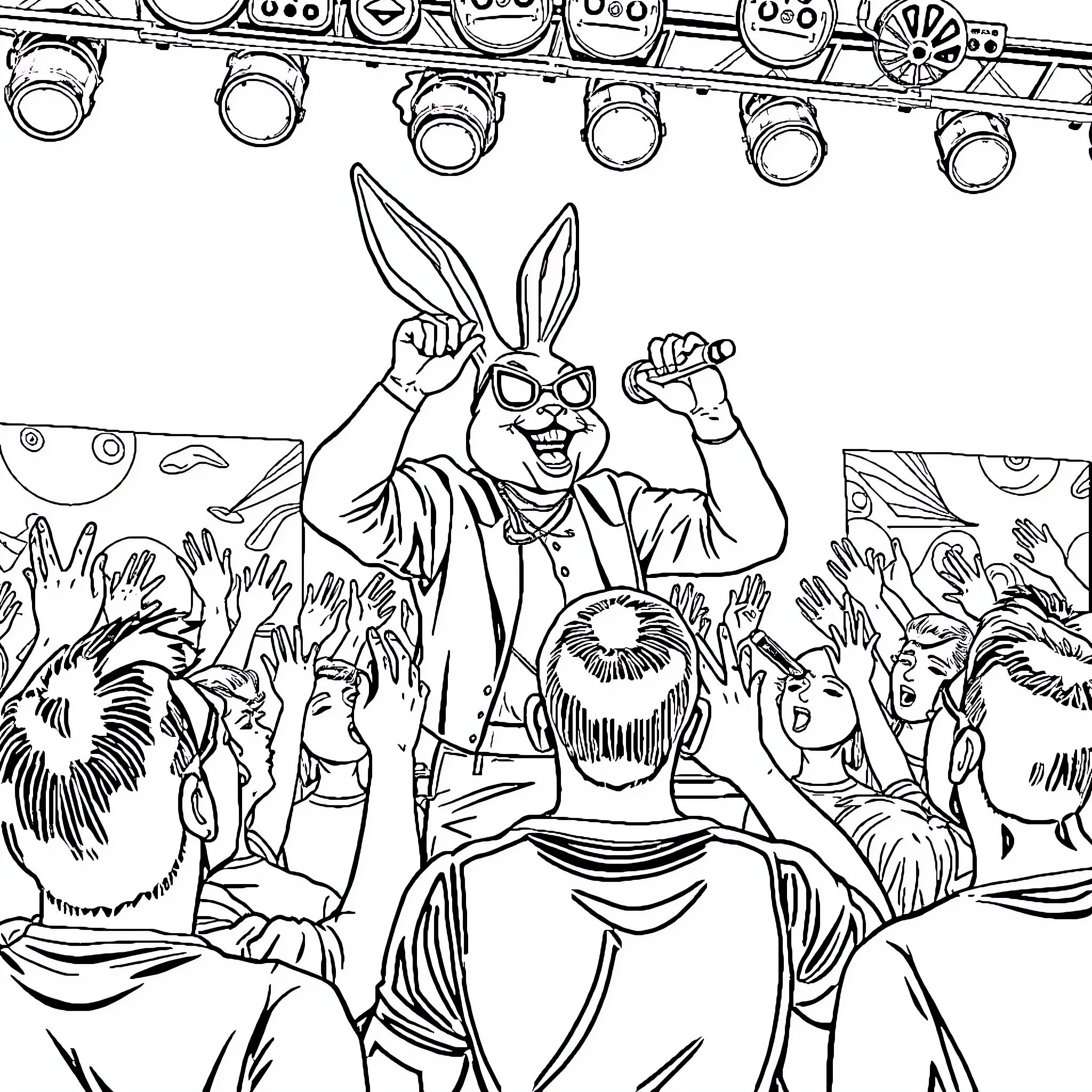 Bad Bunny performing energetically on stage with adoring fans Coloring Page (free black-and-white line drawing printable PDF for all, from beginners to advanced learners, including children, teens, adults, and seniors)