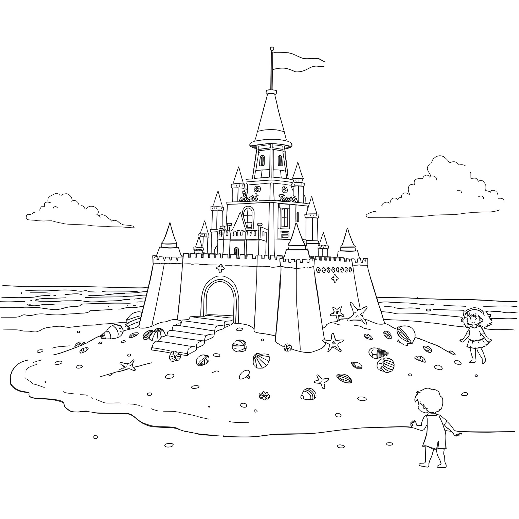 Sand Castle with Kids Playing on the Beach Coloring Page (free black-and-white line drawing printable PDF for all, from beginners to advanced learners, including children, teens, adults, and seniors)