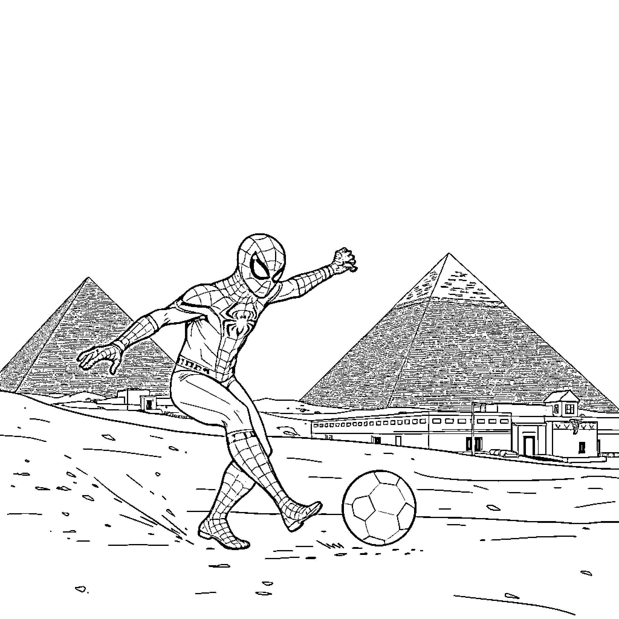 Spiderman playing soccer near ancient Egyptian pyramids Coloring Page (free black-and-white line drawing printable PDF for all, from beginners to advanced learners, including children, teens, adults, and seniors)