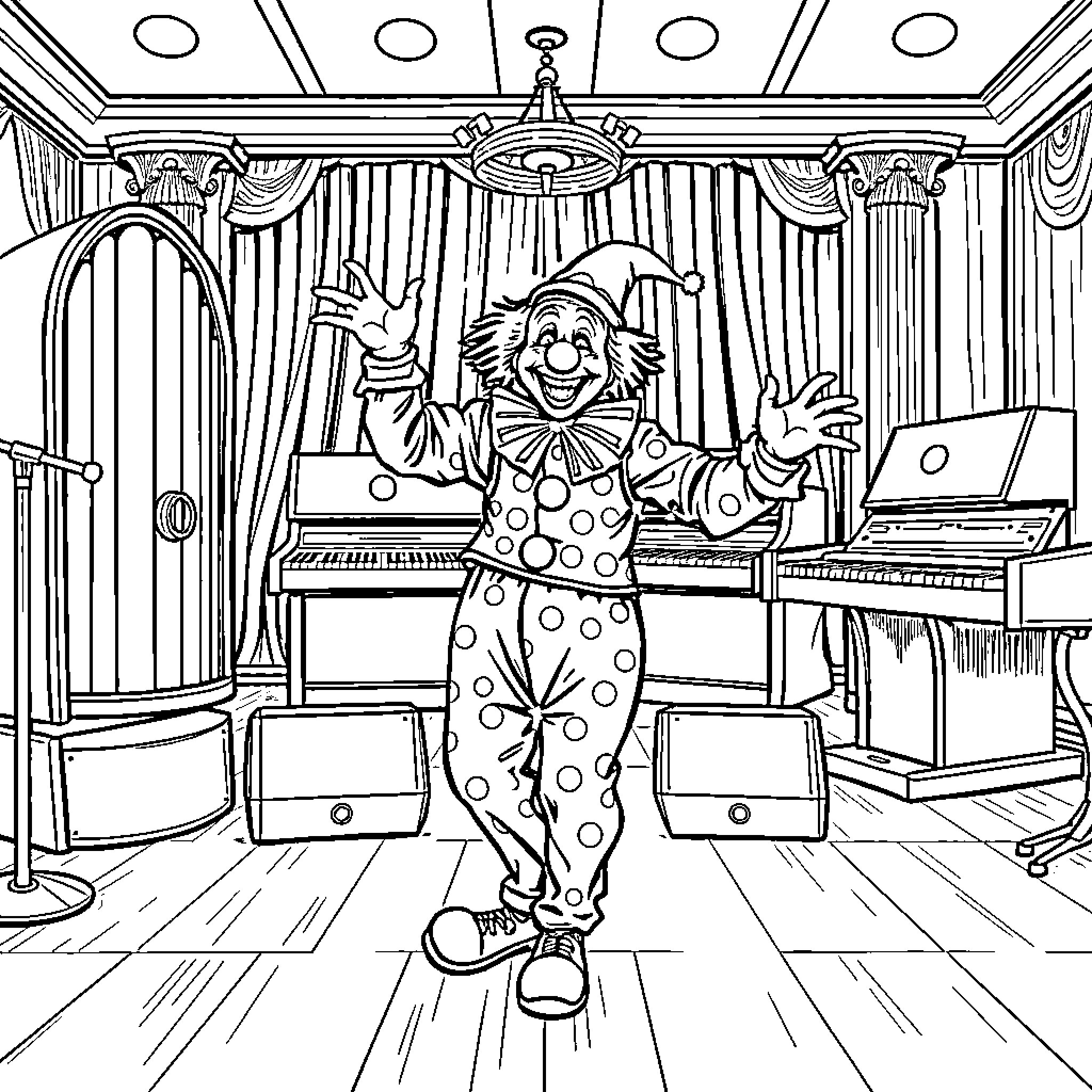 Clown performing magical tricks in a theater Coloring Page (free black-and-white line drawing printable PDF for all, from beginners to advanced learners, including children, teens, adults, and seniors)