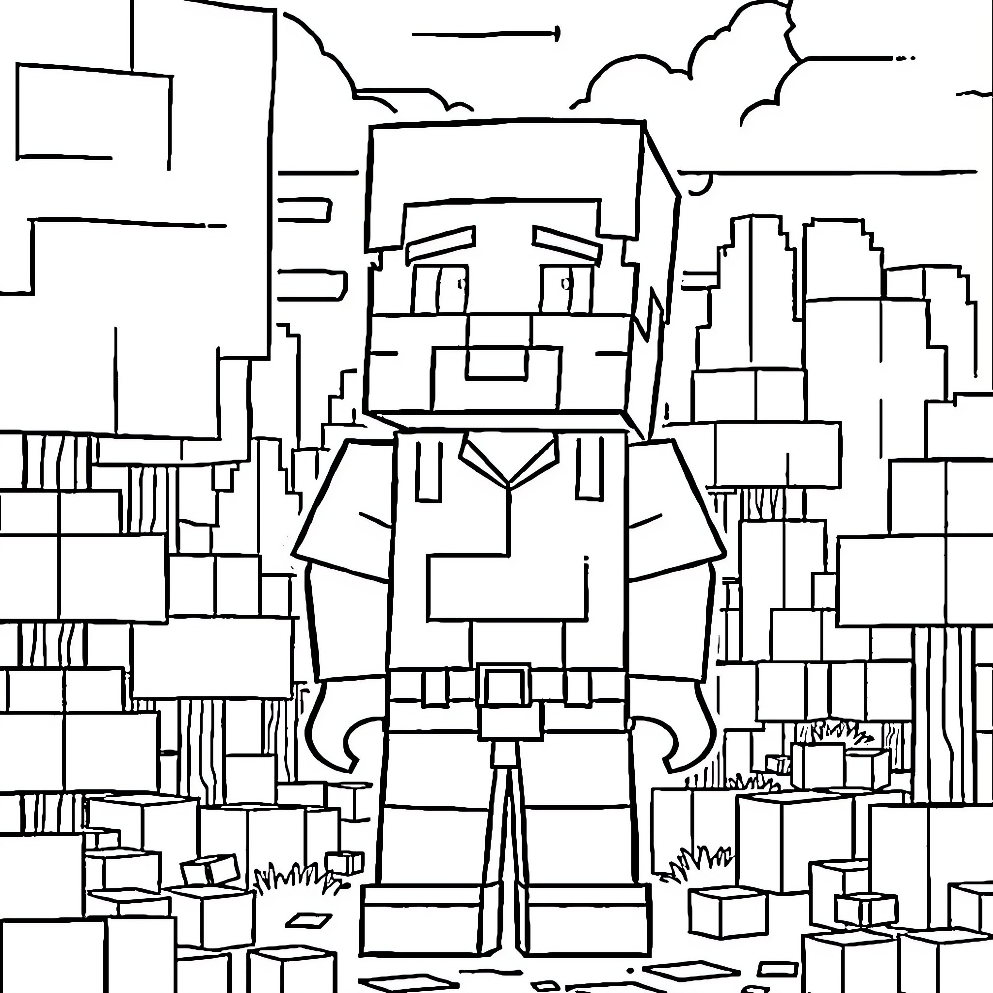 Steve exploring the bustling cityscape Coloring Page (free black-and-white line drawing printable PDF for all, from beginners to advanced learners, including children, teens, adults, and seniors)