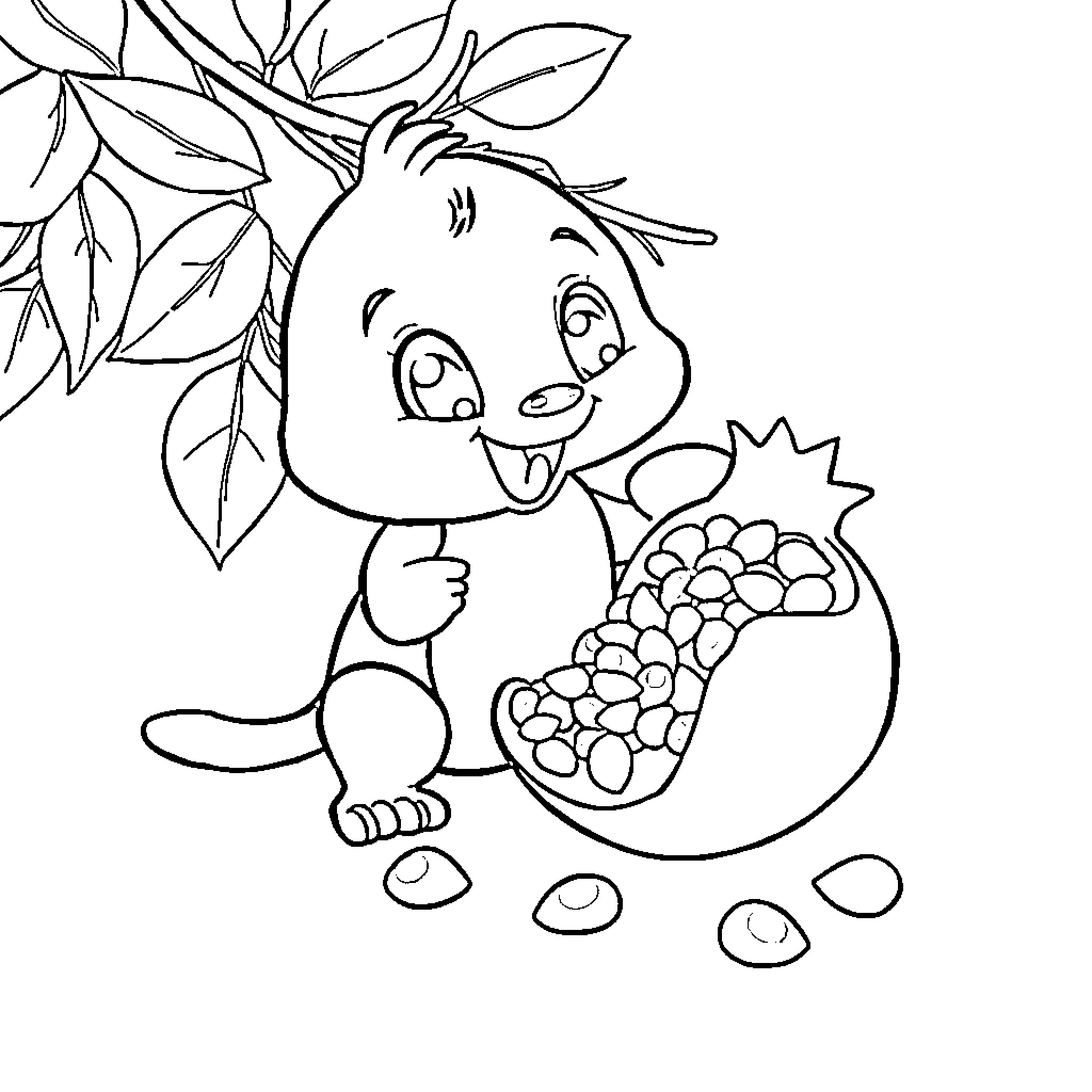 Bluey enjoying a tasty pomegranate snack Coloring Page (free black-and-white line drawing printable PDF for all, from beginners to advanced learners, including children, teens, adults, and seniors)