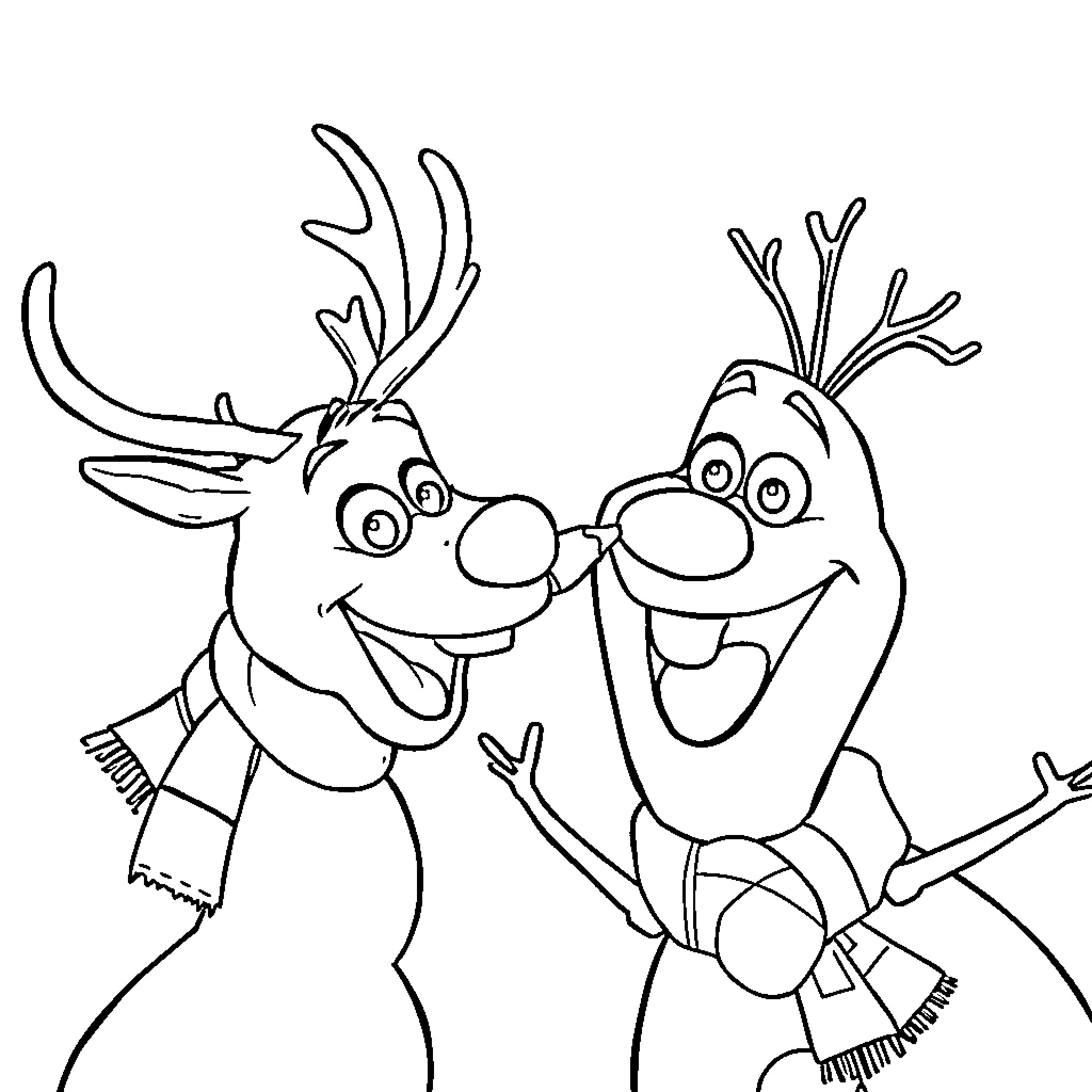 Sven and Olaf's Wintry Adventure Coloring Page (free black-and-white line drawing printable PDF for all, from beginners to advanced learners, including children, teens, adults, and seniors)