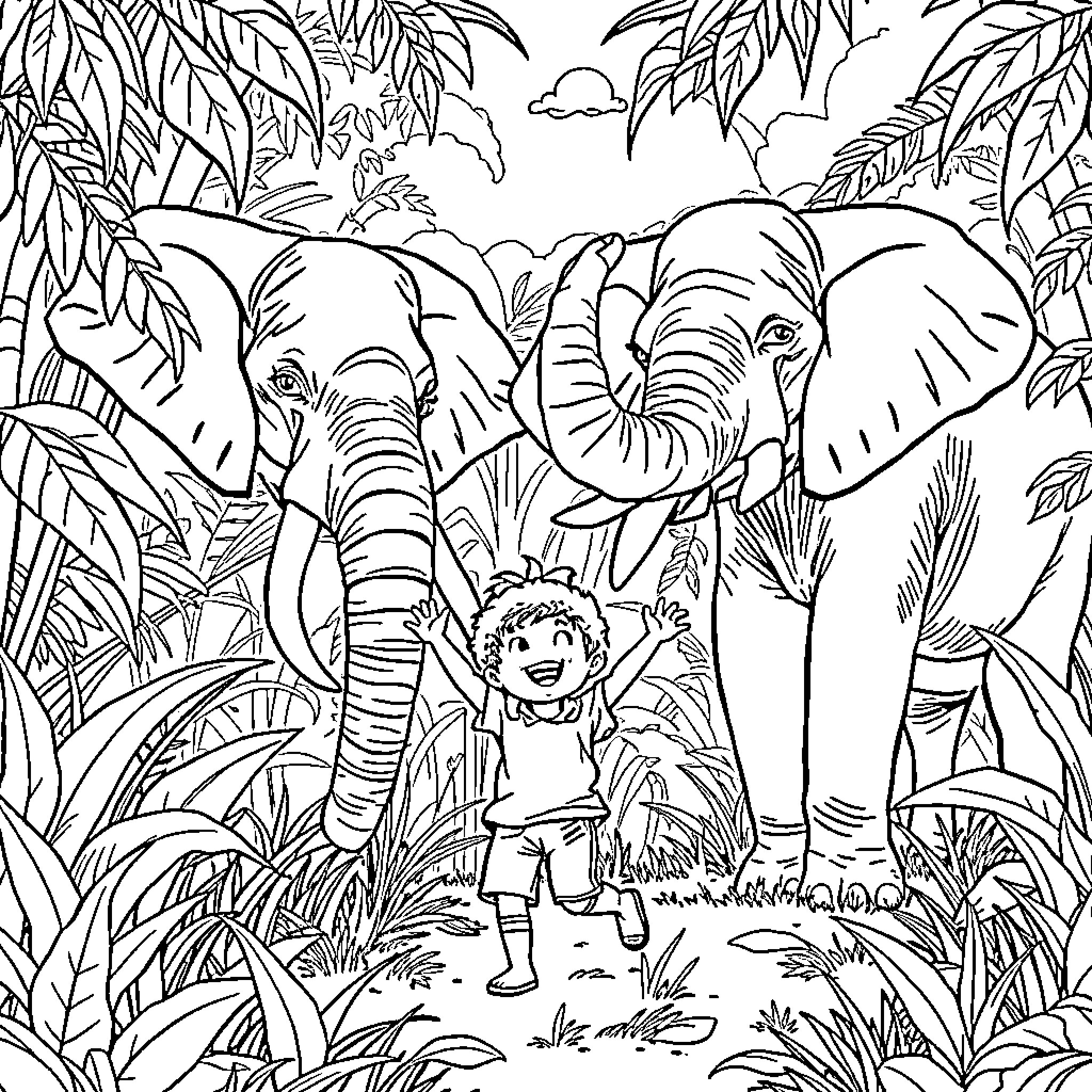Child playing with elephants in the jungle Coloring Page (free black-and-white line drawing printable PDF for all, from beginners to advanced learners, including children, teens, adults, and seniors)