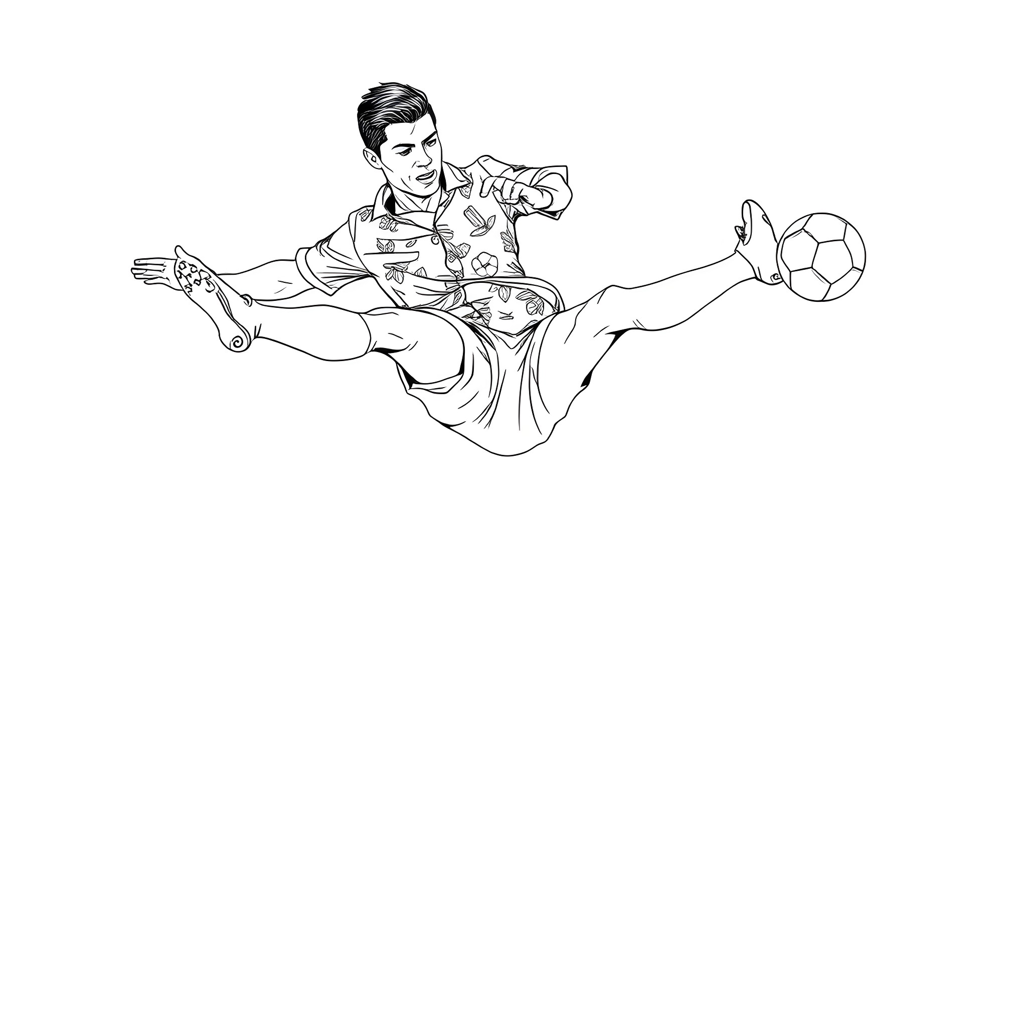 Cristiano Ronaldo in mid-air acrobatic soccer move Coloring Page (free black-and-white line drawing printable PDF for all, from beginners to advanced learners, including children, teens, adults, and seniors)