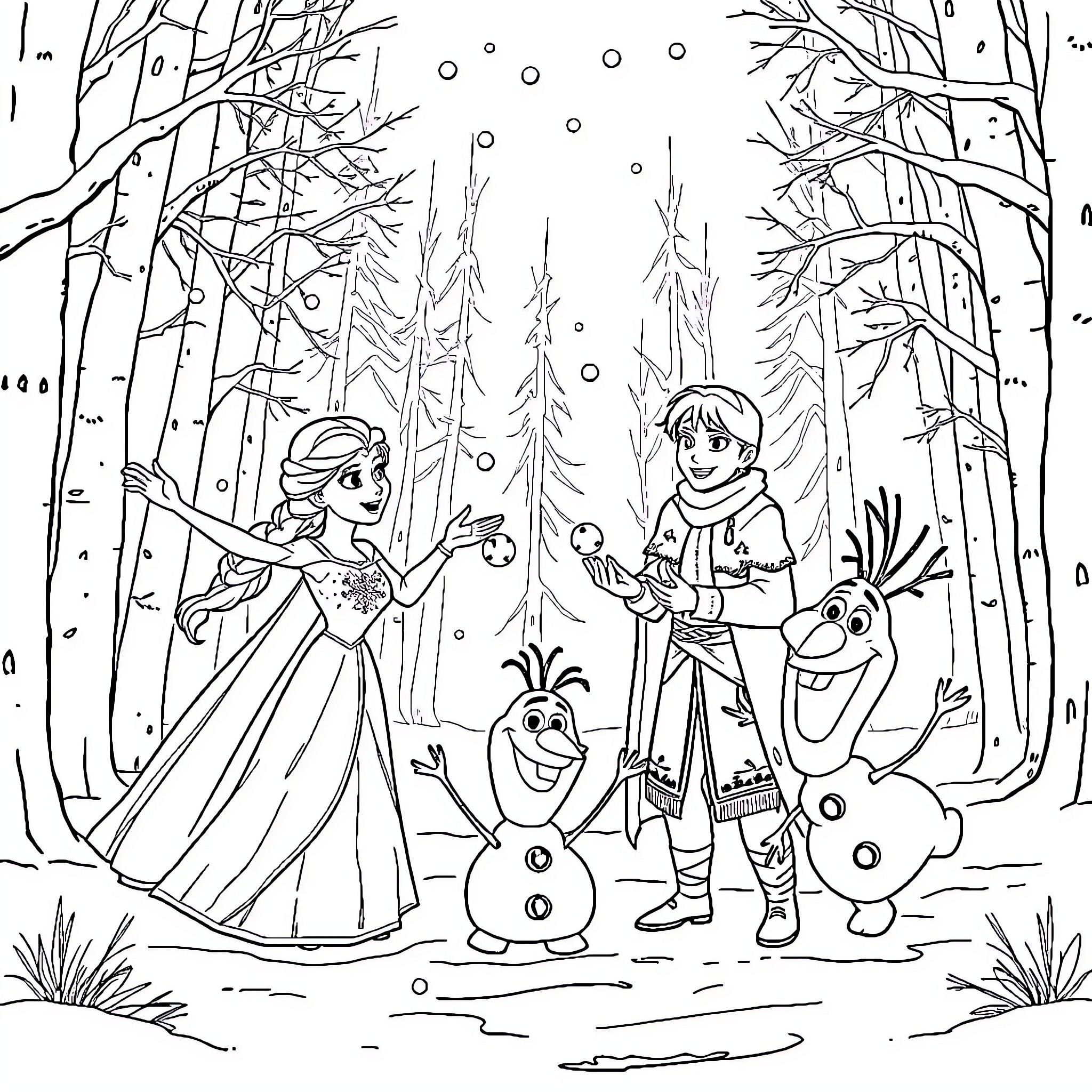 Character Interacting in Winter Forest Scene Coloring Page (free black-and-white line drawing printable PDF for all, from beginners to advanced learners, including children, teens, adults, and seniors)