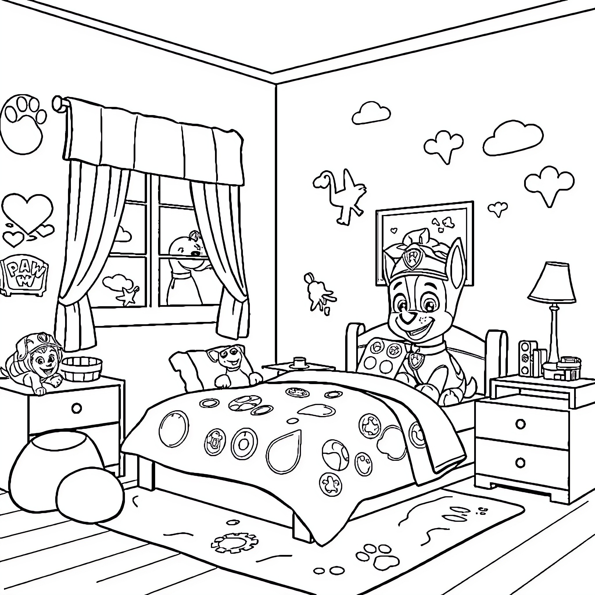 Paw Patrol Puppy's Playful Bedroom Coloring Page (free black-and-white line drawing printable PDF for all, from beginners to advanced learners, including children, teens, adults, and seniors)