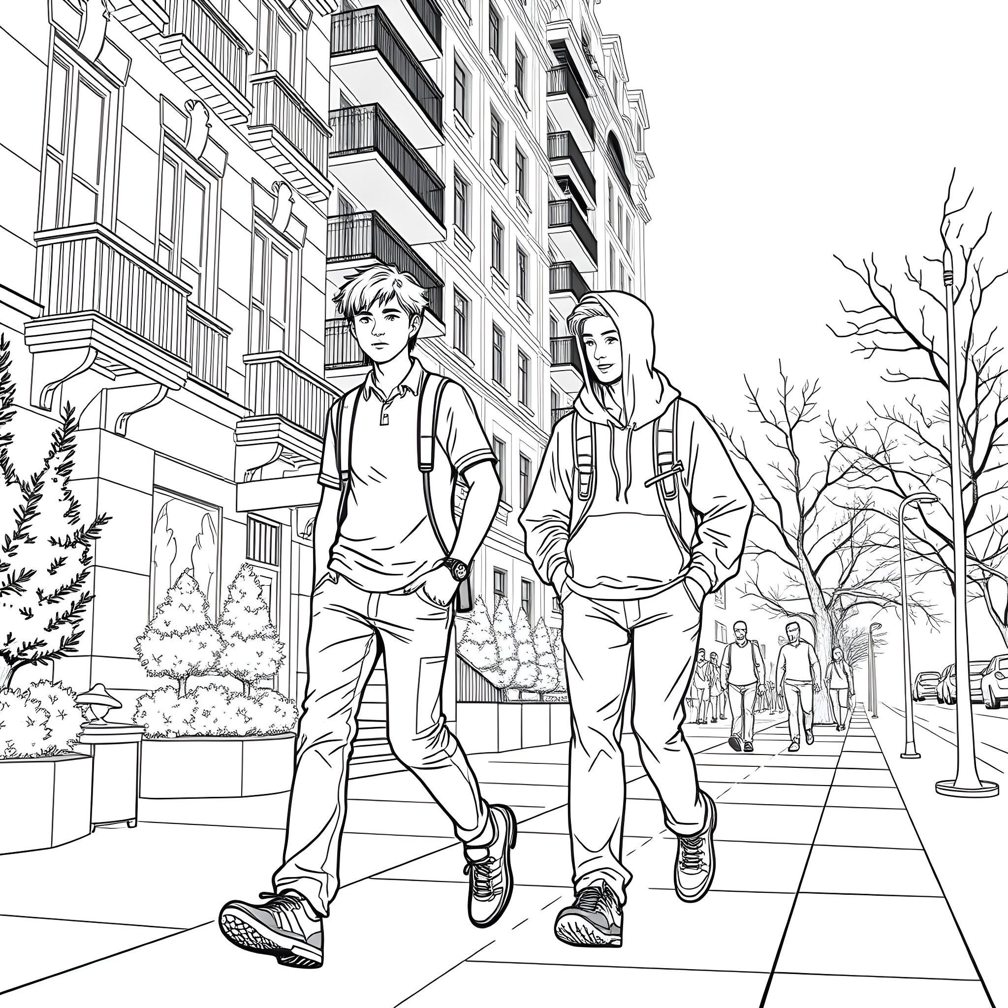 Teen couple strolling through urban street Coloring Page (free black-and-white line drawing printable PDF for all, from beginners to advanced learners, including children, teens, adults, and seniors)