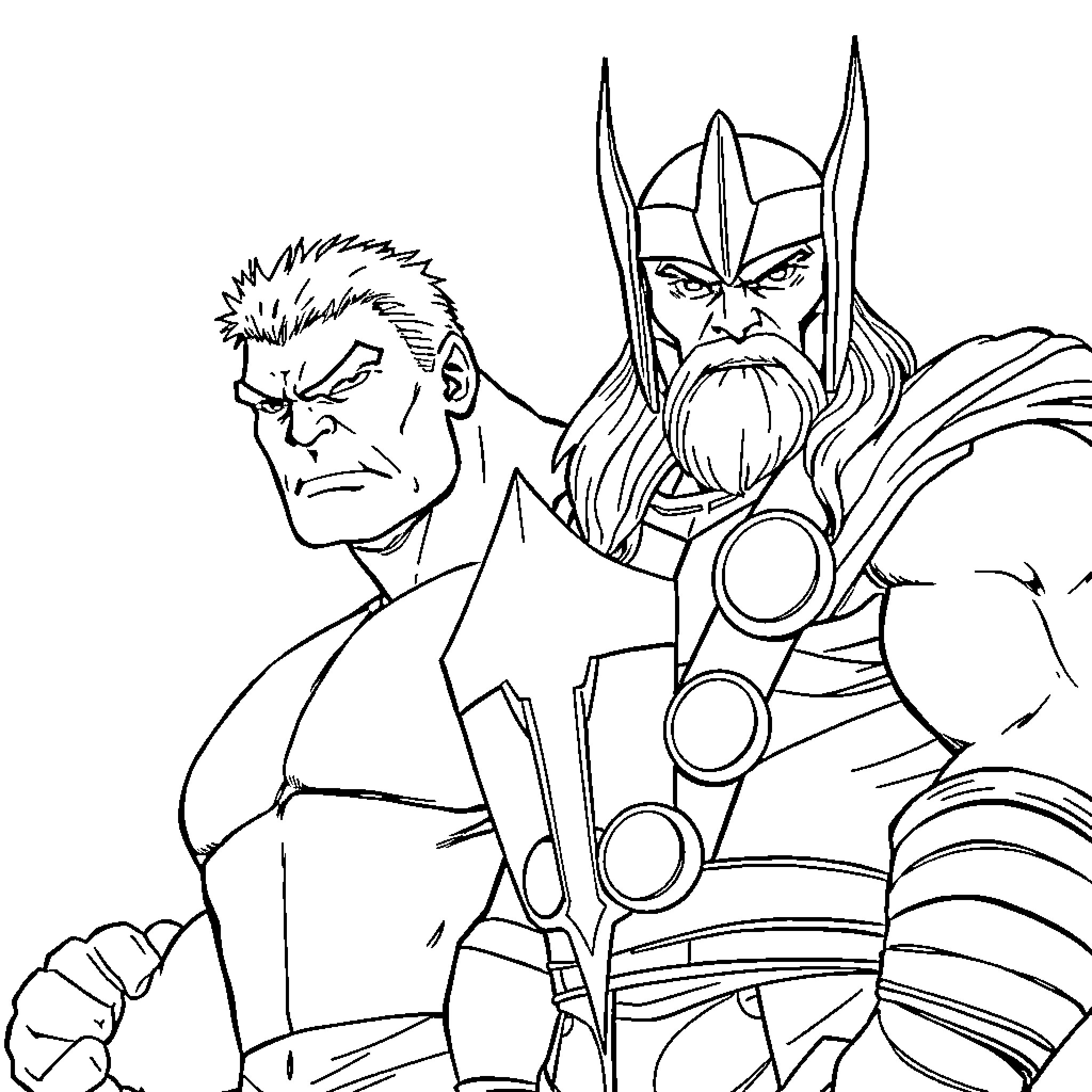 Hulk and Thor in Intense Battle Stance Coloring Page (free black-and-white line drawing printable PDF for all, from beginners to advanced learners, including children, teens, adults, and seniors)