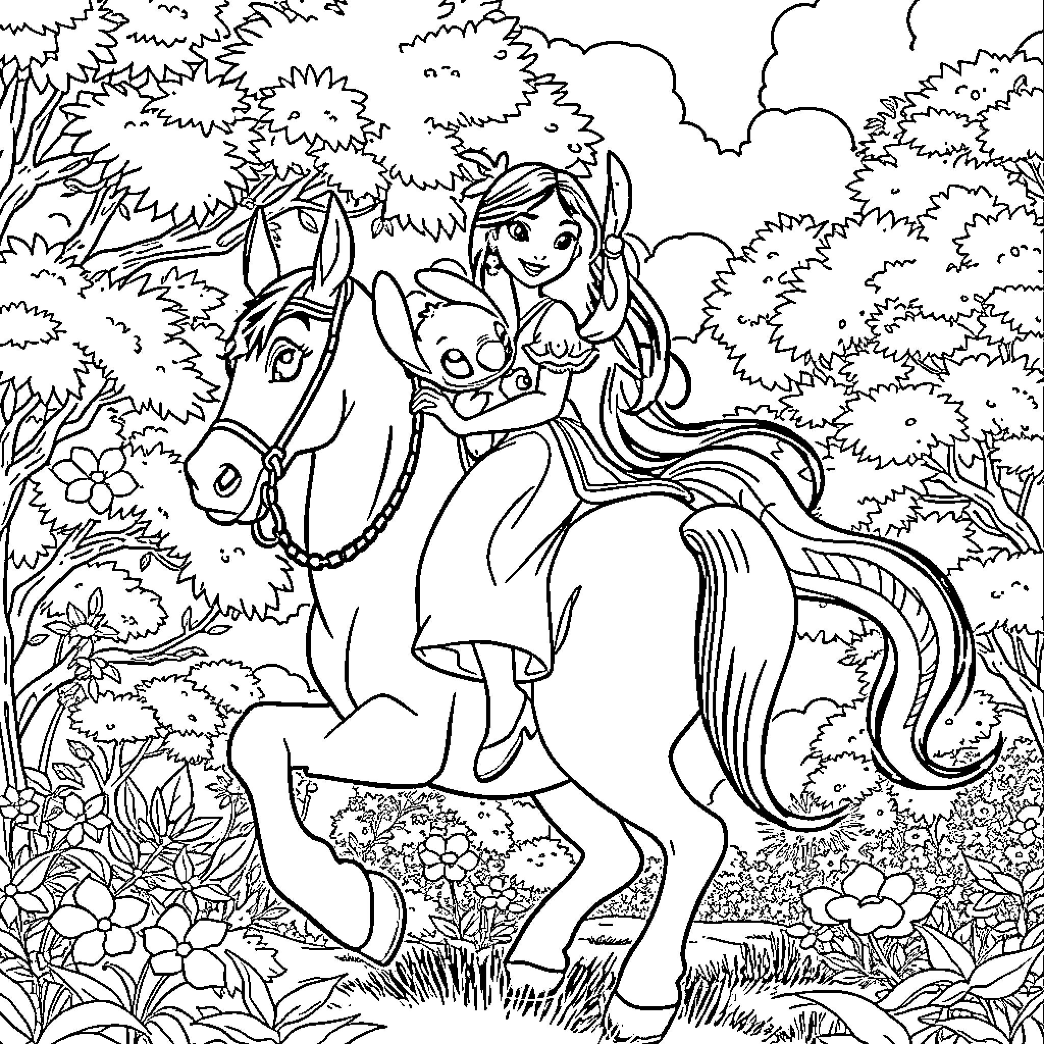 Mulan riding a horse through a lush forest Coloring Page (free black-and-white line drawing printable PDF for all, from beginners to advanced learners, including children, teens, adults, and seniors)