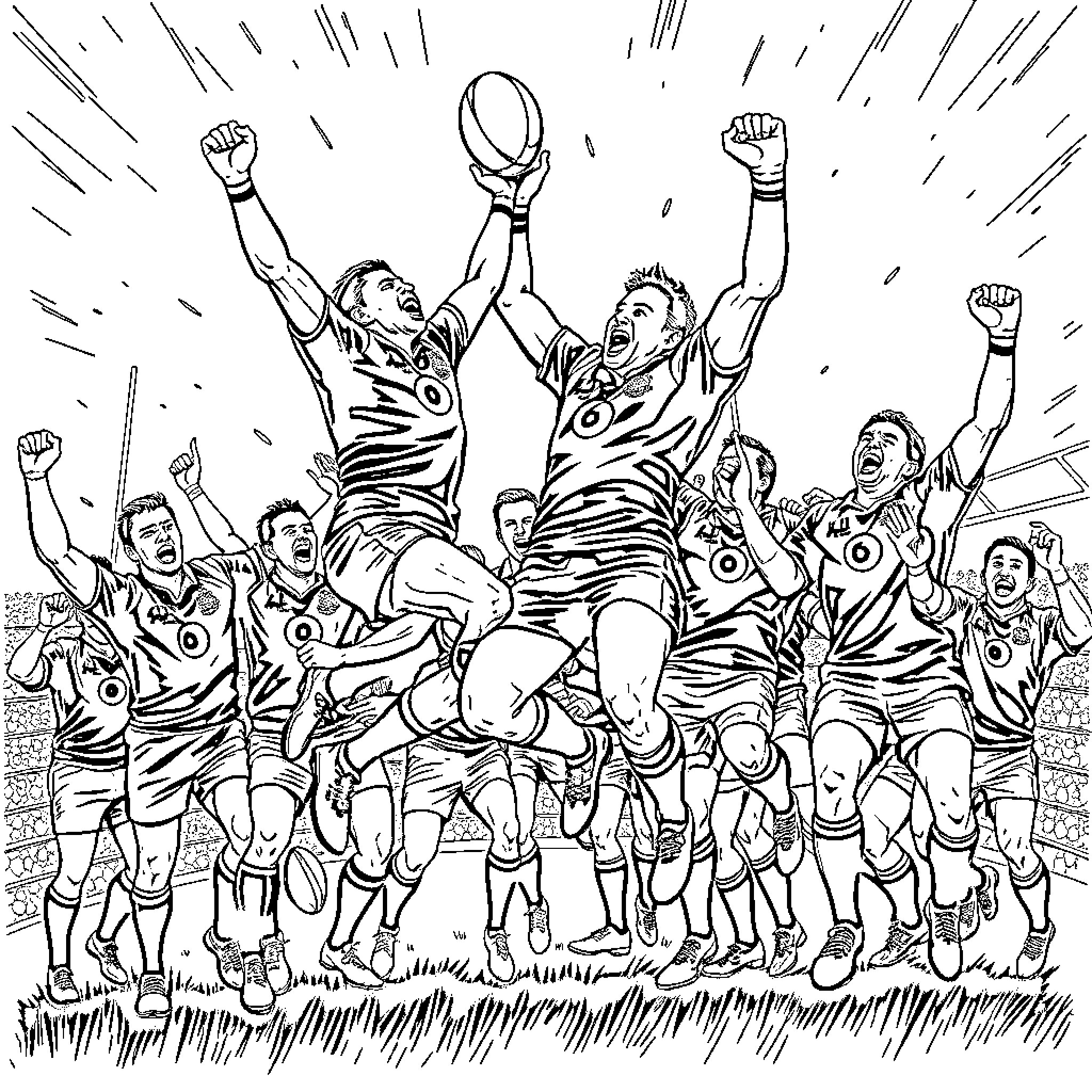 Rugby Players Celebrating Victory on the Field Coloring Page (free black-and-white line drawing printable PDF for all, from beginners to advanced learners, including children, teens, adults, and seniors)