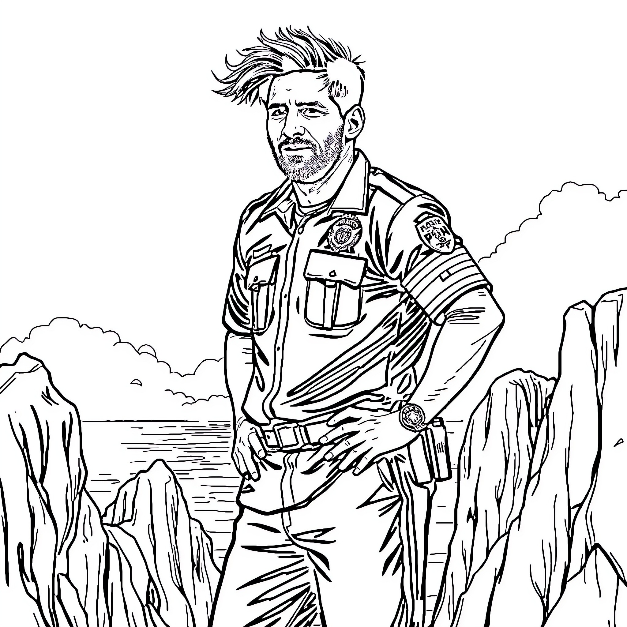 Lionel Messi as a rugged wilderness ranger Coloring Page (free black-and-white line drawing printable PDF for all, from beginners to advanced learners, including children, teens, adults, and seniors)