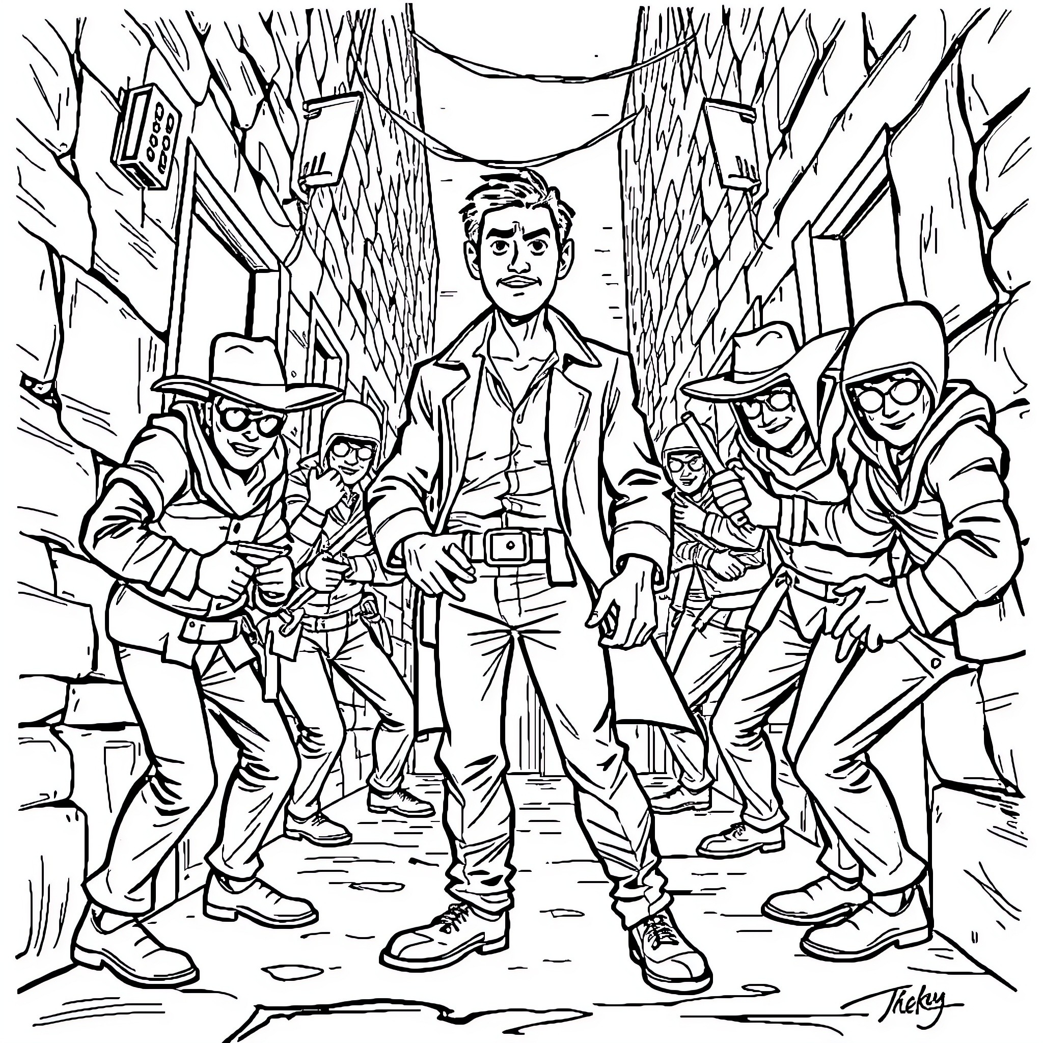 Pedro Sanchez walking with group in crowded urban setting Coloring Page (free black-and-white line drawing printable PDF for all, from beginners to advanced learners, including children, teens, adults, and seniors)