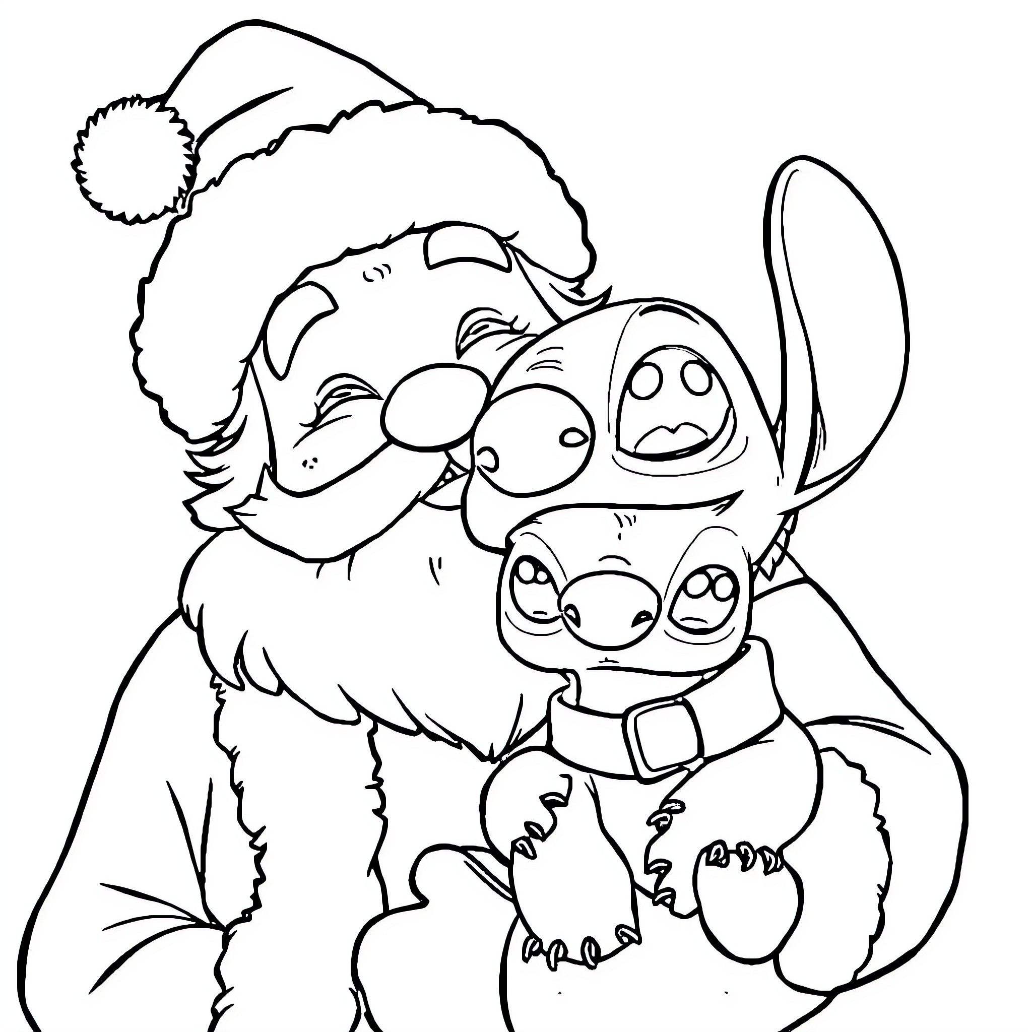 Santa Claus with cute cartoon characters Coloring Page (free black-and-white line drawing printable PDF for all, from beginners to advanced learners, including children, teens, adults, and seniors)