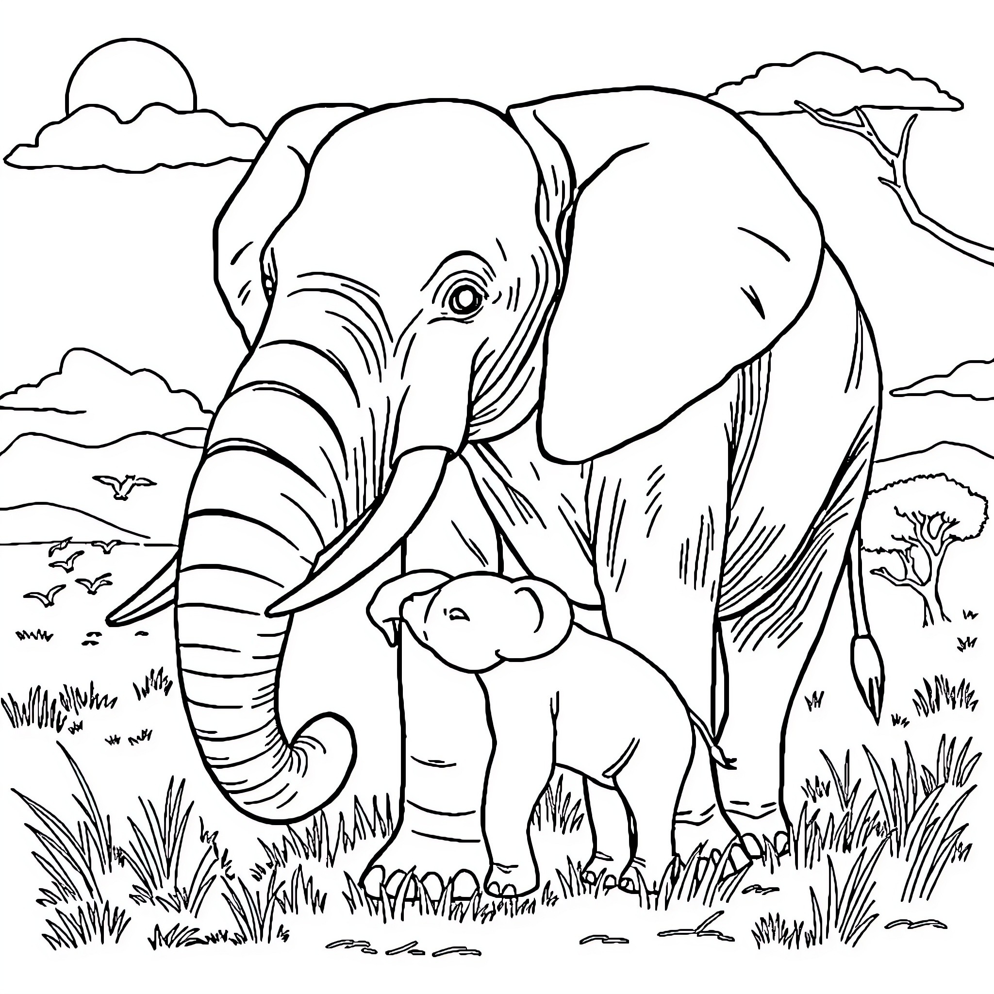 Elephant mother and calf in natural habitat Coloring Page (free black-and-white line drawing printable PDF for all, from beginners to advanced learners, including children, teens, adults, and seniors)