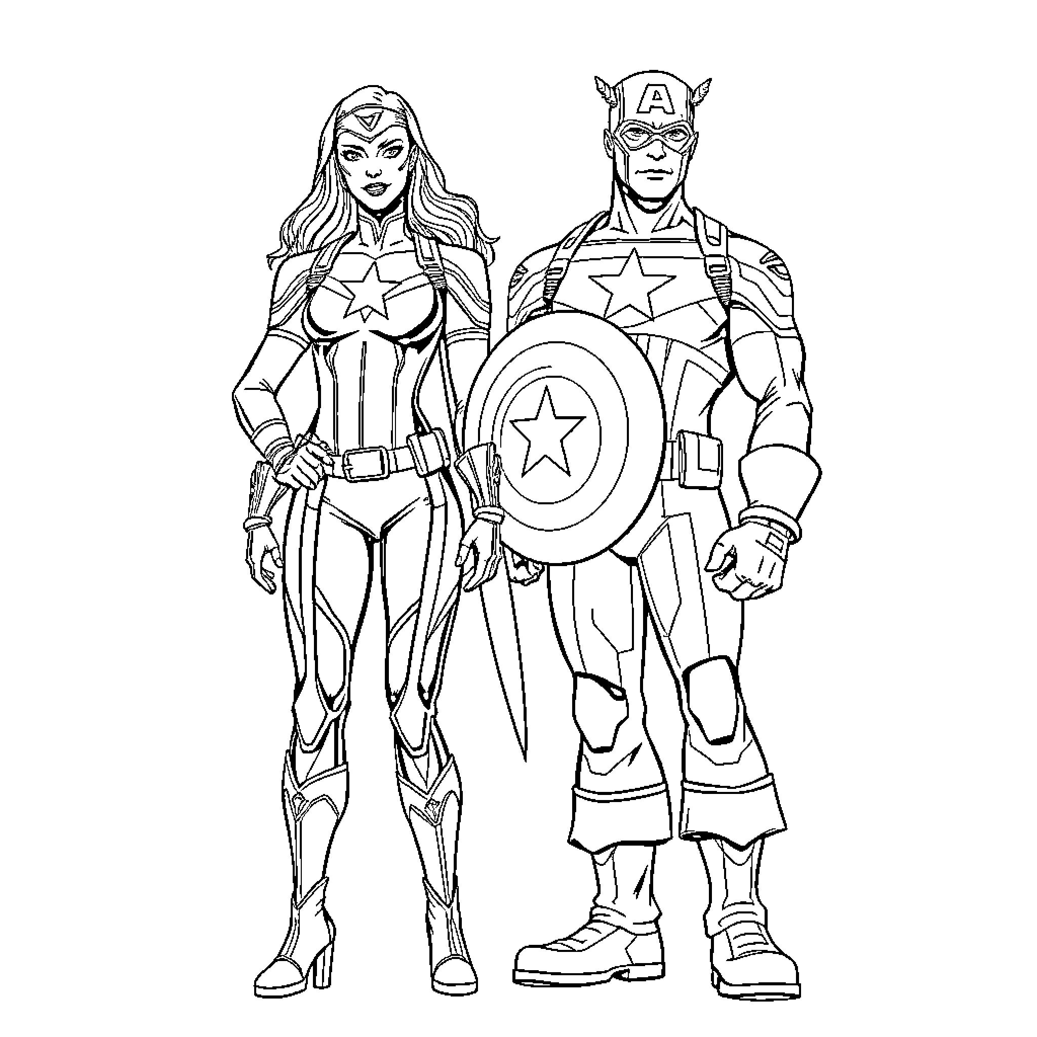 Capitana Marvel and Captain America in action poses Coloring Page (free black-and-white line drawing printable PDF for all, from beginners to advanced learners, including children, teens, adults, and seniors)