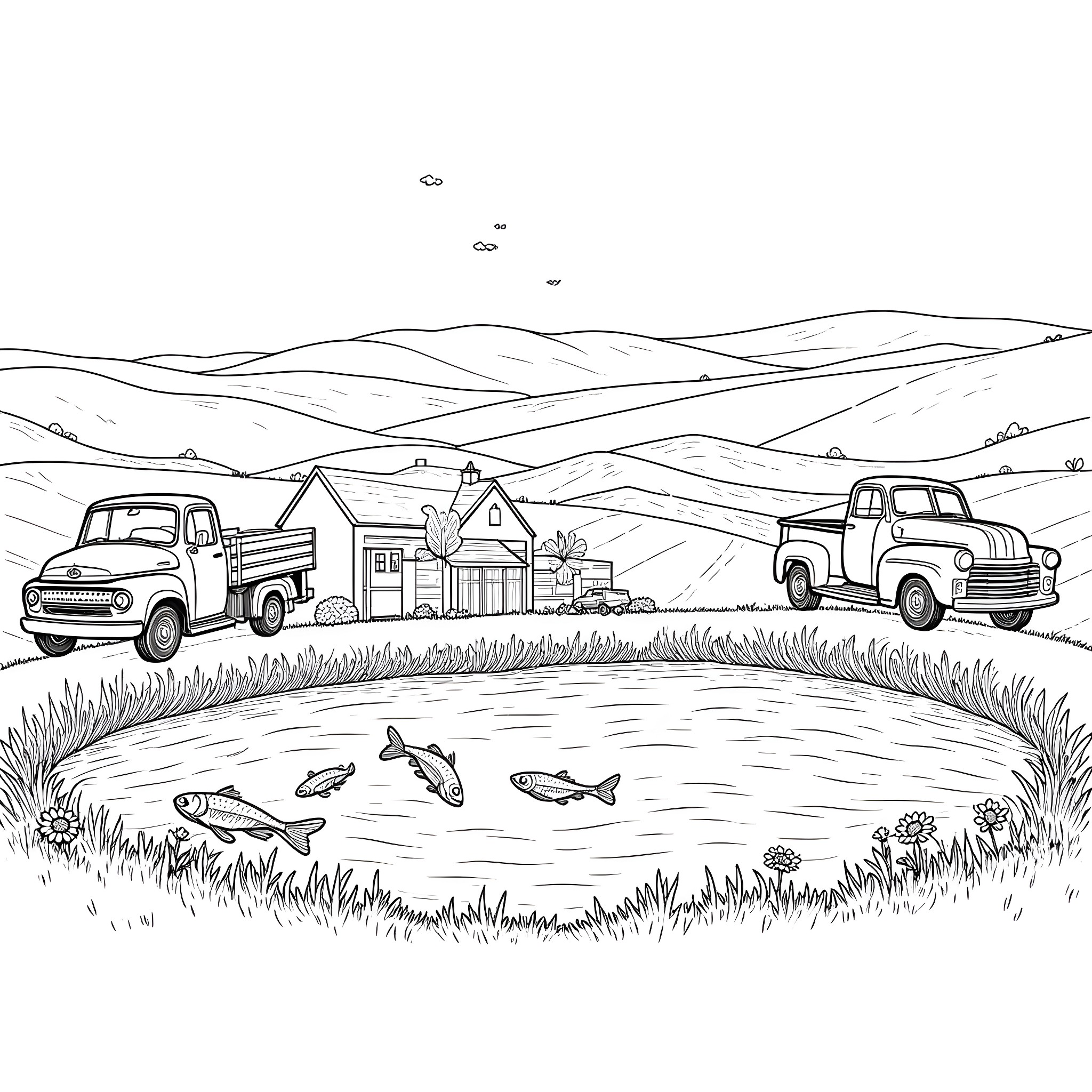 Farmhouse with vintage trucks in rural landscape Coloring Page (free black-and-white line drawing printable PDF for all, from beginners to advanced learners, including children, teens, adults, and seniors)